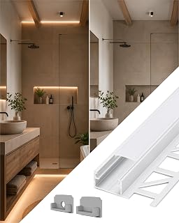 LED Fliesenprofil [1m] inkl. Abdeckung (diffus) - LED Profil für Fliesen Beleuchtung an Fliesenkanten für Wand, Boden & Decke in Bad, Küche & Terrasse (mit 2 Endkappen)