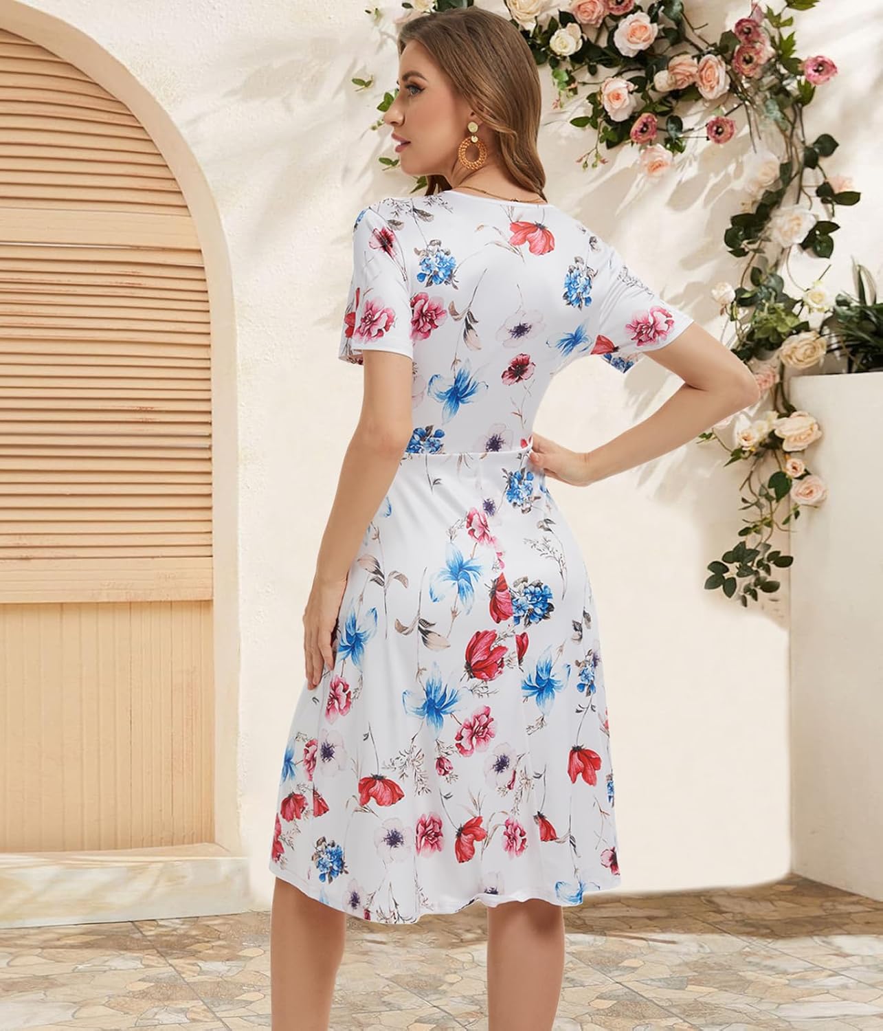 Women's Summer Wrap V Neck Casual Dresses Short Sleeve Floral A-Line Midi Sundress - Image 2