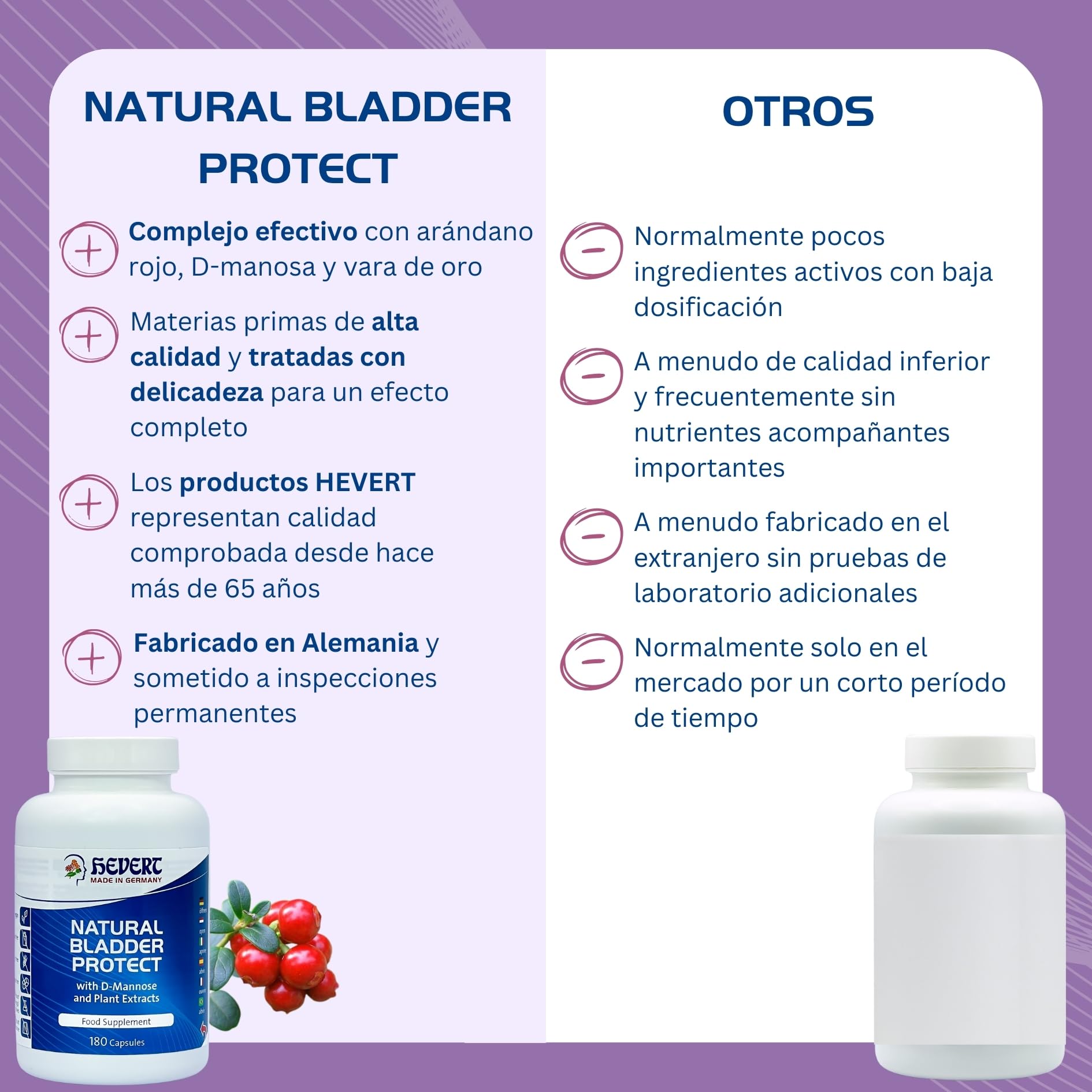 Hevert Natural Bladder Protect con D-Manosa y Arándano Rojo – Apoyo natural para el Tracto Urinario y la Vejiga – Prevención de la Cistitis e Infecciones de orina en mujeres – vegano – 180 cápsulas