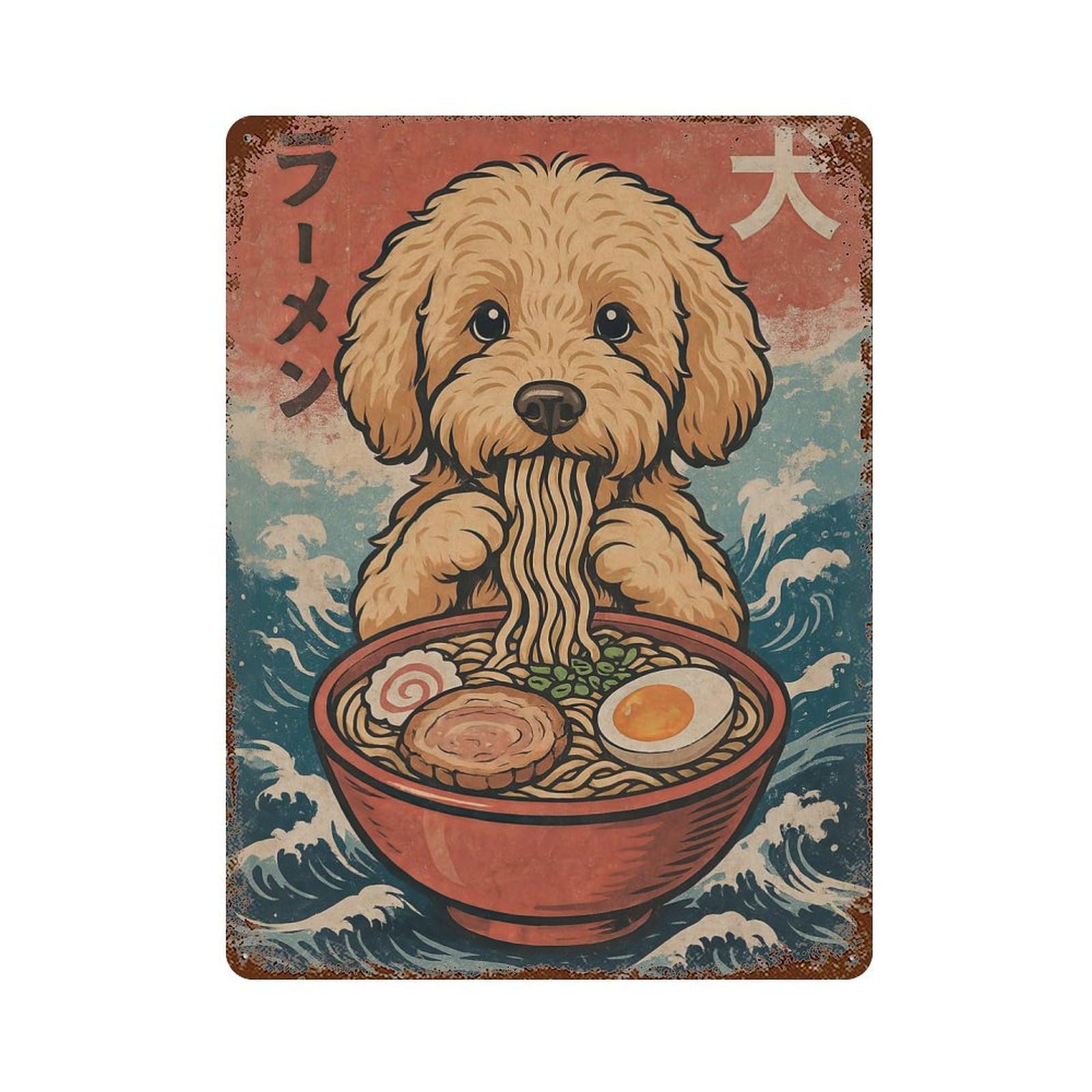 Goldendoodle Eating Ramen Aged Metal Wall Plaque 15.7"x11.8", Ideal for Patio, Garden Room And Bar Decor