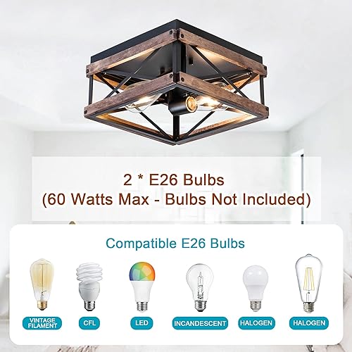 Miniatura 7 de MAYNA Lámpara de techo industrial de 2 luces, lámpara de techo empotrada de granja de metal y madera, lámpara cuadrada de comedor para pasillo,