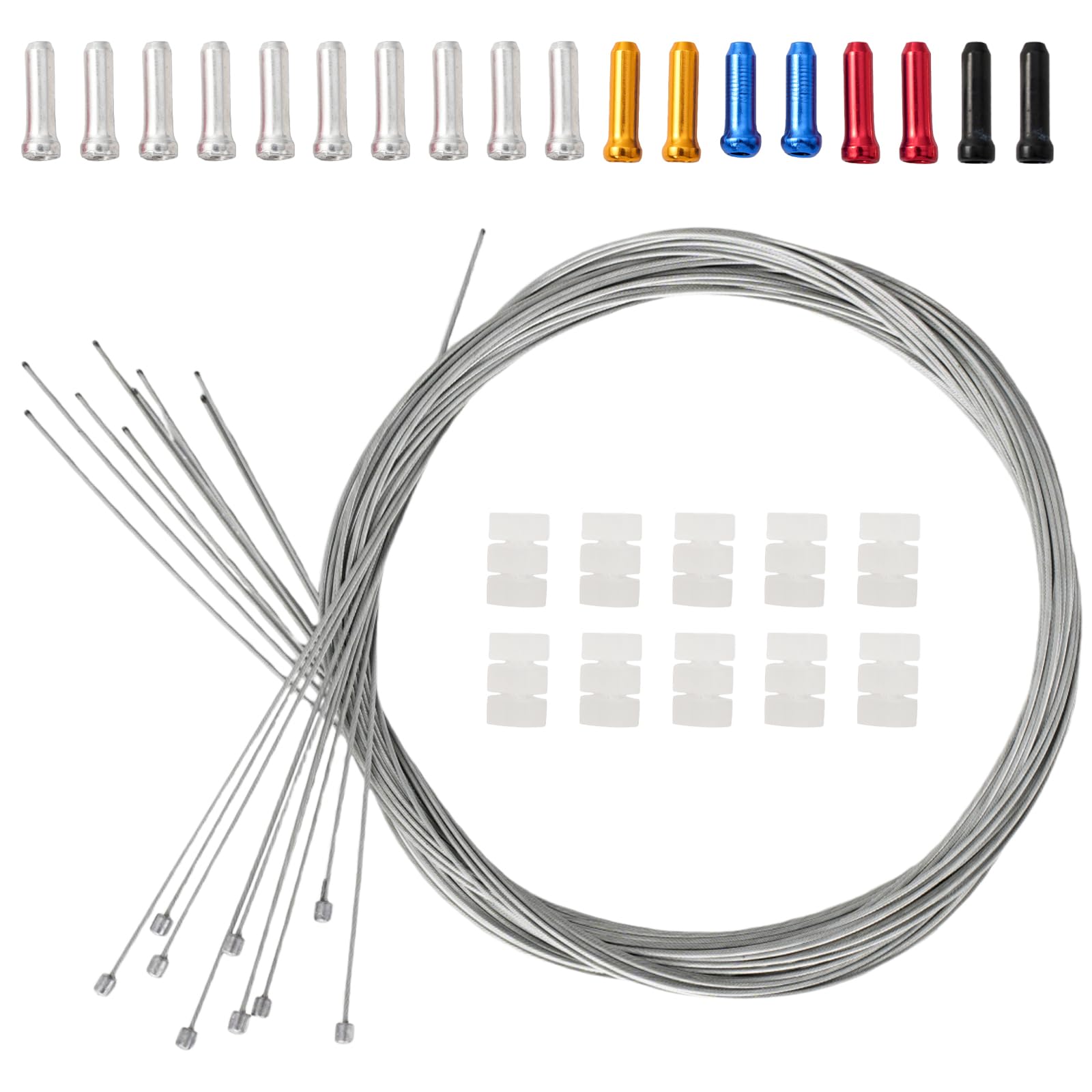 10 Cables de Cambio de Bicicleta 2 m, 1,2 mm en Acero, con 10 Terminales Plateados, 8 Terminales de Colores y 10 Juntas Tóricas de Silicona, Universales para MTB, Bicicleta de Carretera