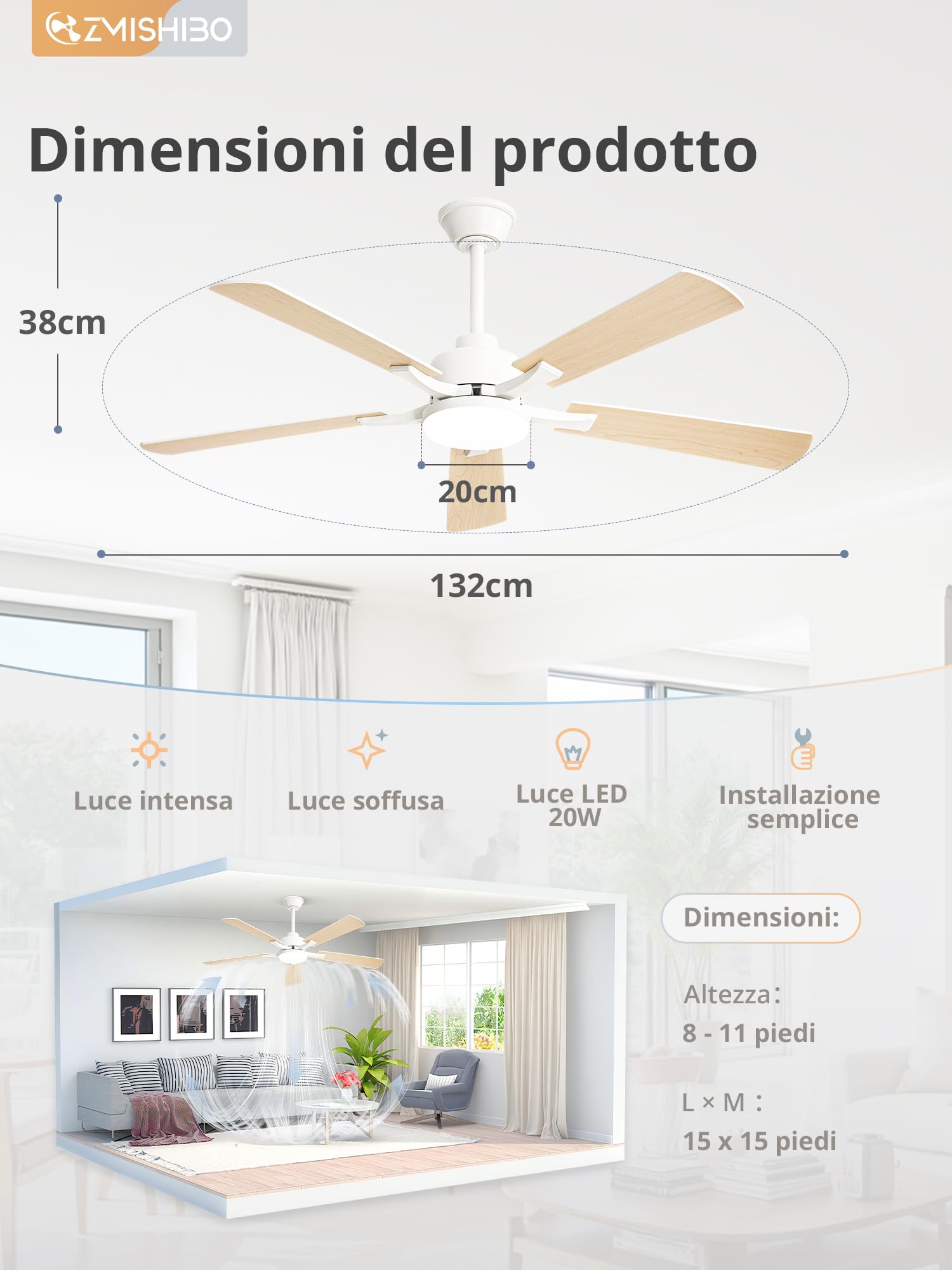 ZMISHIBO Ventilatore da Soffitto con Luce,132 cm Silenzioso con Telecomando e App,Motore DC Reversibile,Lampada da Soffitto con Ventilatore per Camera da Letto e Soggiorno