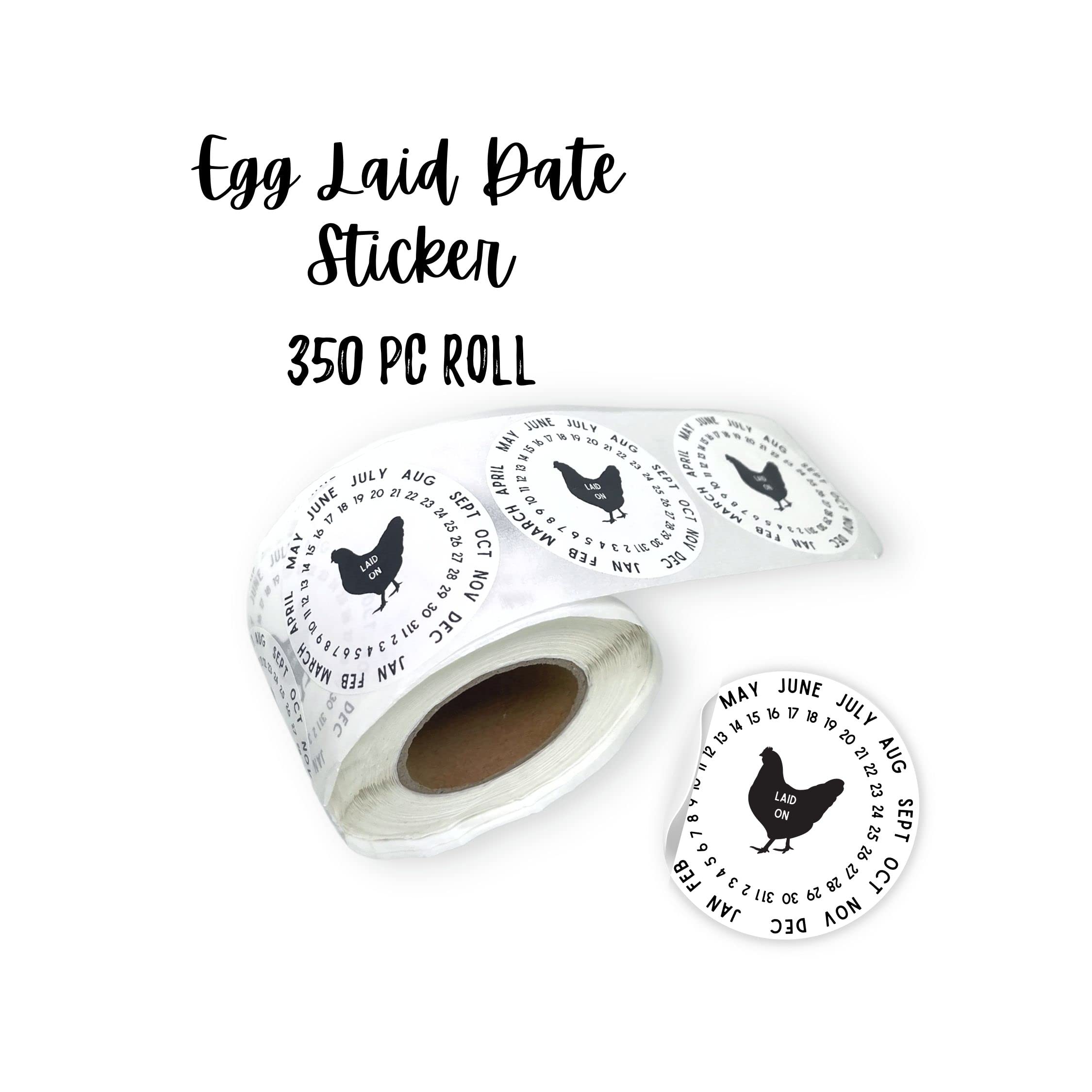 Pegatinas de huevos con fecha | Rollo de 350 piezas | Pegatinas redondas de 2 pulgadas | Pegatinas frescas de granja | Pegatinas de cartón de huevos | Diseño de pollo negro