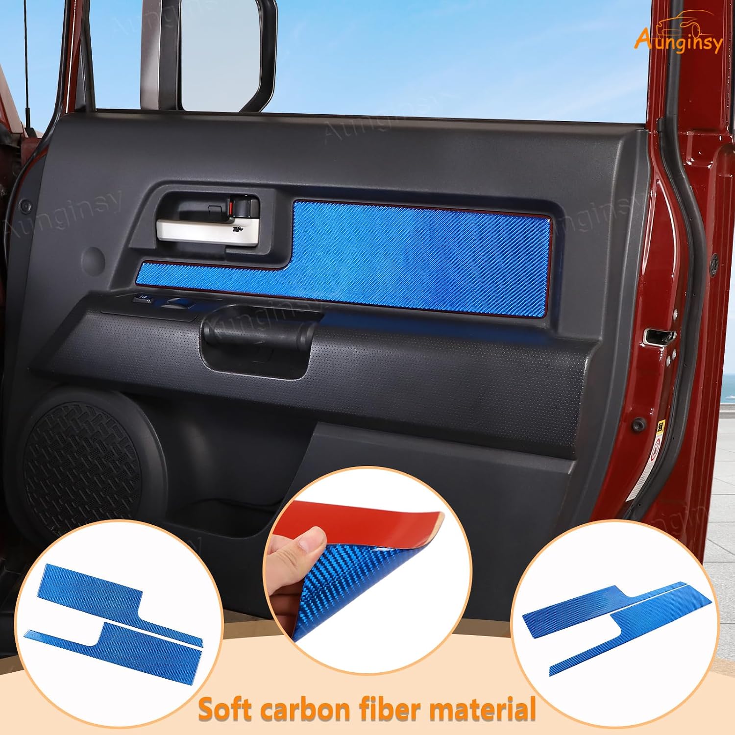 Aunginsy Inner Front Door Panel Trim Cover Compatible with Toyota FJ Cruiser 2007-2021+, 2PCS Blue Carbon Fiber Front Door Handle Panel Look Interior Protection Cover Decorative Sticker Accessories