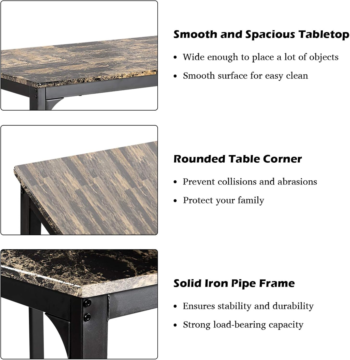 Dining Table Set for 2 w/Faux Mable Tabletop and PU Leather Stools, 3 Pieces Table and Chairs, 2 Person Kitchen Table Set for Bistro, Cafe (Beige & Black)