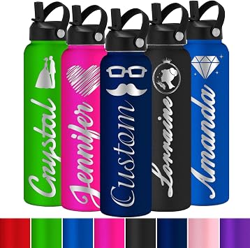 Personalized Water Bottle with Straw Customized Names Logo insulated Bottle Engraved Stainless Steel Flask for Kid Girls Boys Women Men Navy