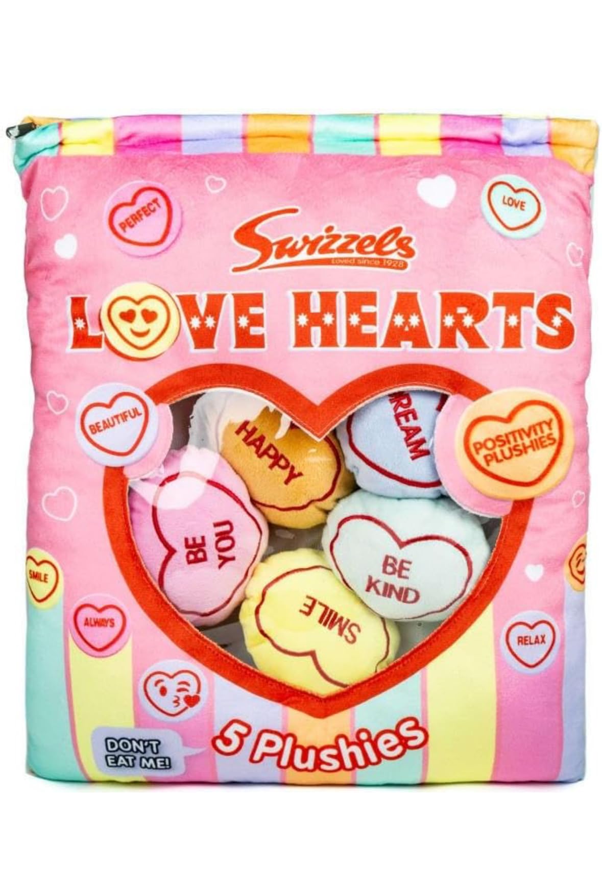 AAMEN Swizzels Love Hearts Plushies, 5 Pack, Heart Shaped, Polyester, Pink Multi-Colour, Conversation Hearts Theme
