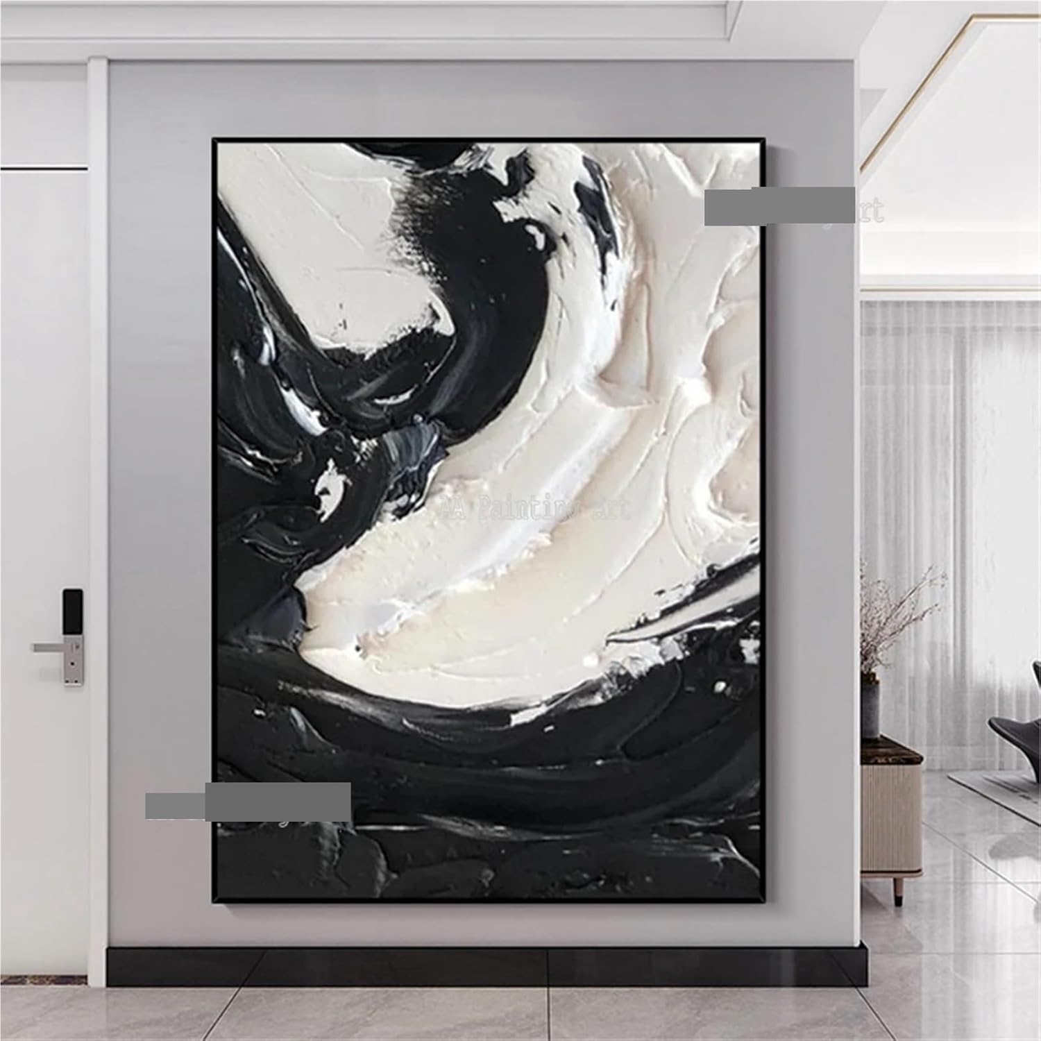 HIKLC LargeHeavy TexturedThick Acrylic3D AbstractBlack WhiteOil Painting CanvasPicture WallArt HandPainted UnframedArtwork(Light yellow,145x240cm unframed)