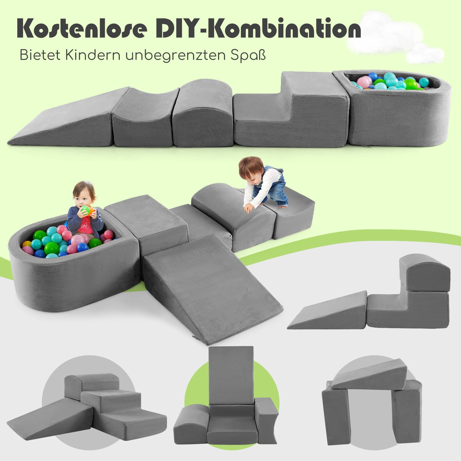 FANTASK 5 TLG. Kinder Softplay-Set, Schaumstoffbausteine mit Bällebad, Riesenbausteine zum Toben und Klettern, Schaumstoff Bausteine für Spielzimmer, Kinderzimmer (Grau)