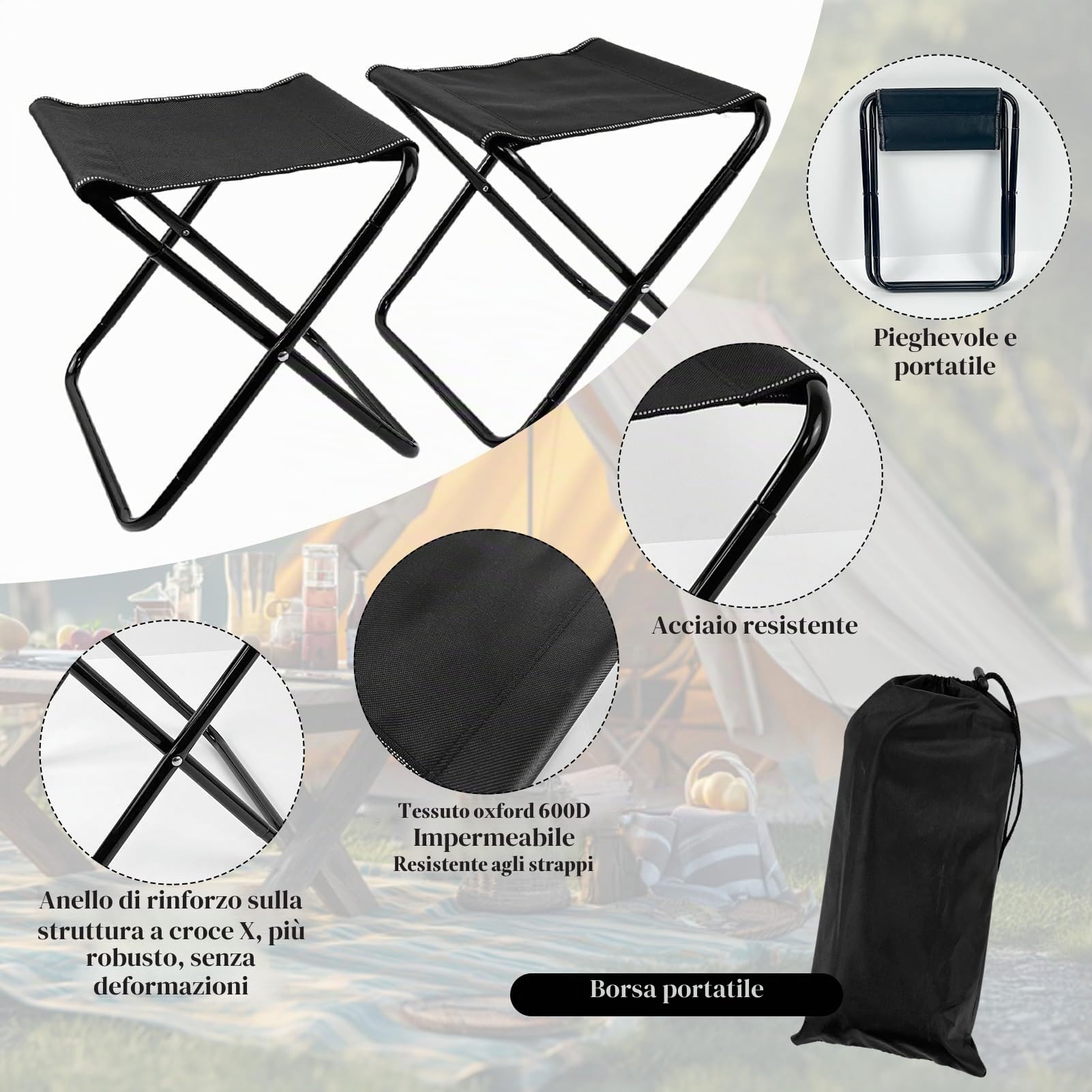 WensdrTavolo pieghevole con sedie, picnic leggero e 2sedia per spiaggia, escursioni, viaggi, pesca, barbecue, esterno con tasche portaoggetti