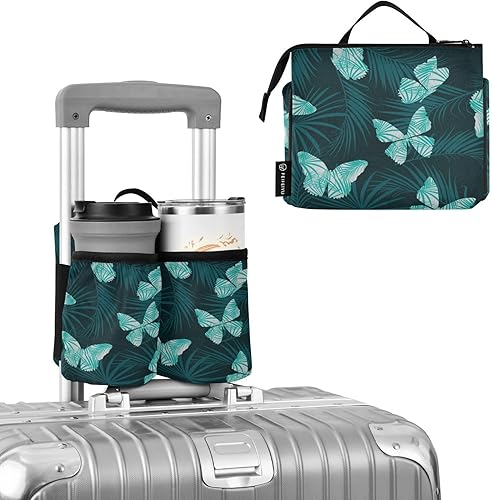 YETTASBIN Green Butterfly - Portavasos de viaje universal para equipaje de mano, bolsa de almacenamiento portátil para la mayoría de las asas de