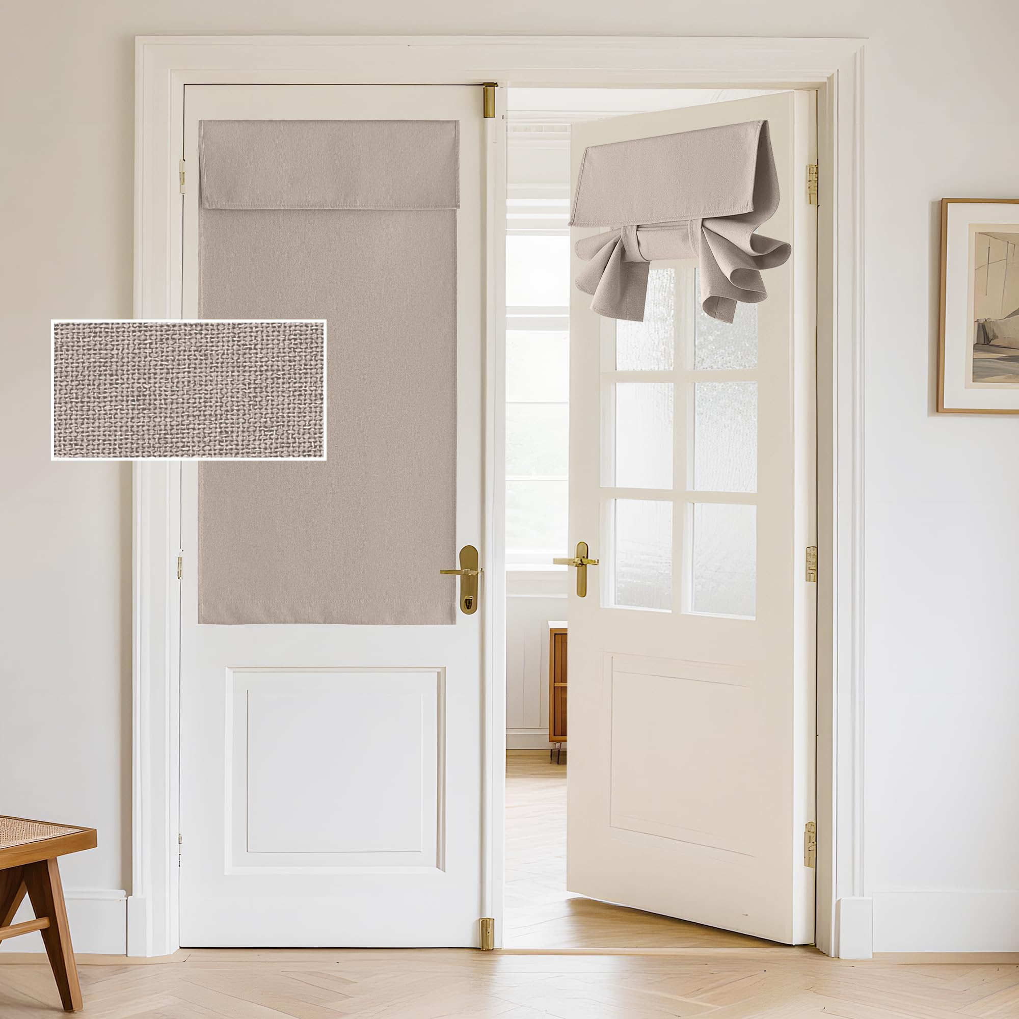 RYB HOME 100% Blackout Linen Door Window Curtains for French Door, Tricia Room Darkening Adhesive Privacy Assured Thermal Insulated Blinds for Kitchen Glass Window, W 26 x L 40, 1 Panel, Sand