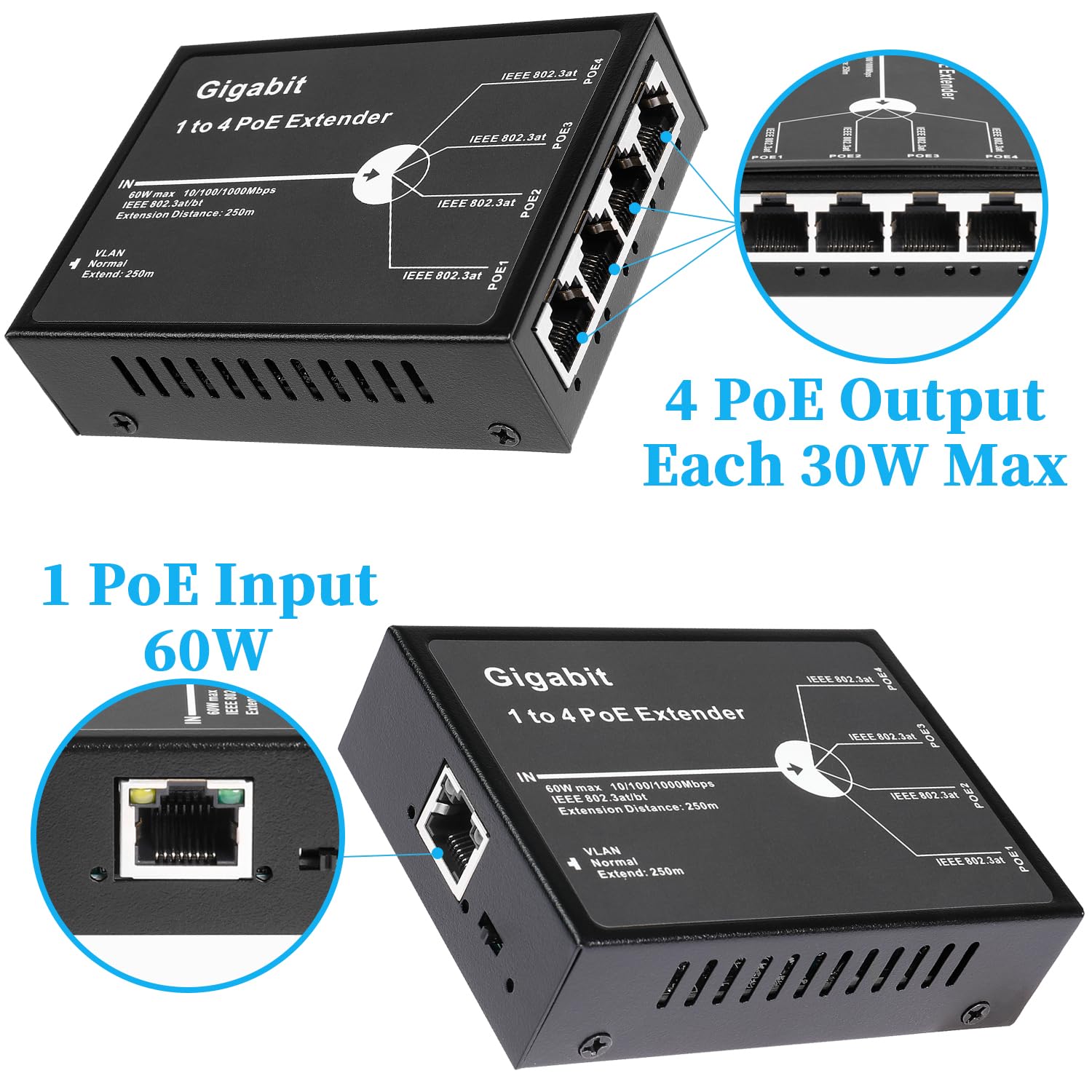 Revotech Gigabit 4-portowy 60 W Poe przedłużacz, repeater Poe+ 1000 Mbps 1 w 4 wyjściach z 3 dostępnymi trybami, wejście 802.3BT 60 W, wyjście 802,3at 30 W, rozszerzenie Poe 100m/250m 1 (POE5004G-V2)