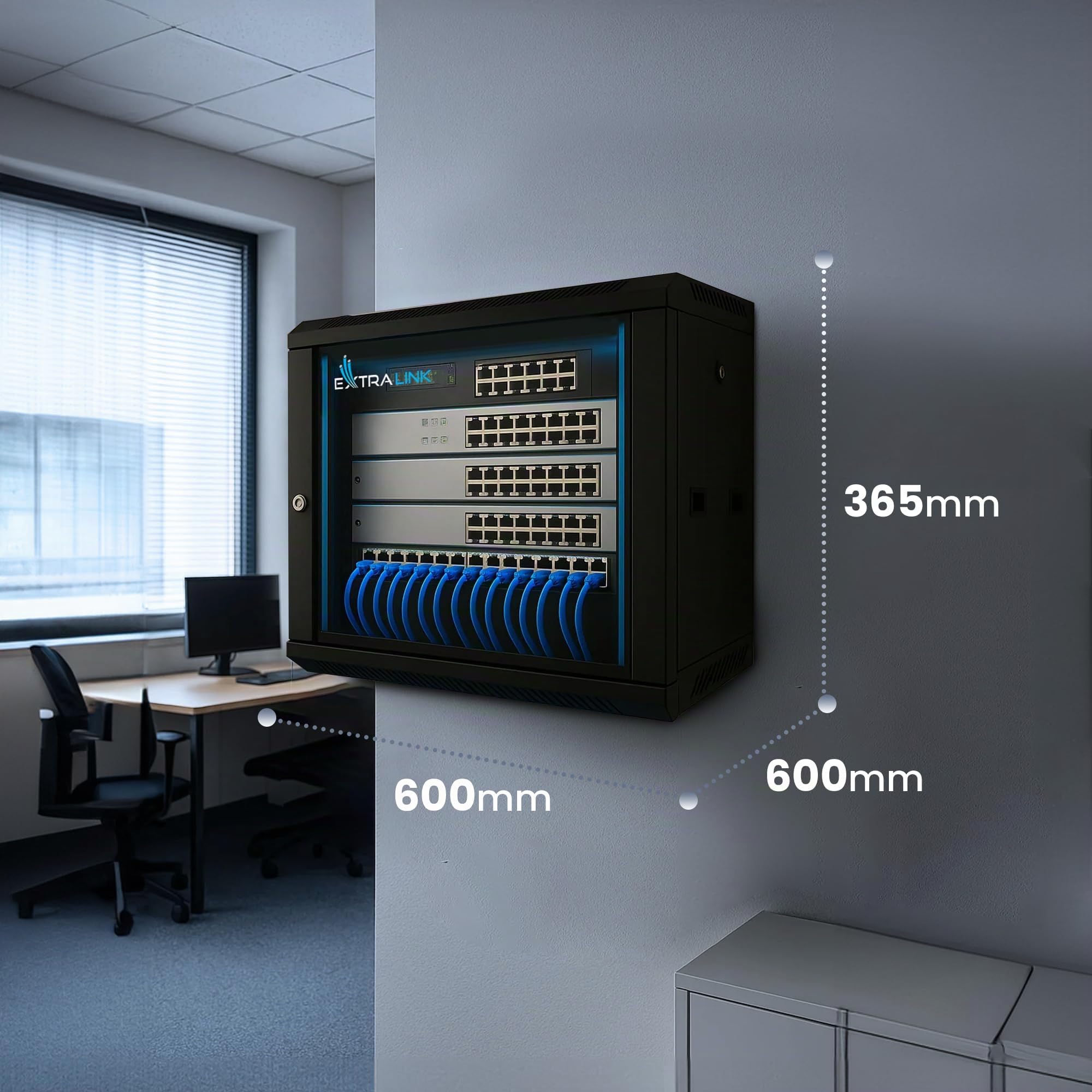 Extralink Armario Rack de 19" 6U - Armario de Red de 600mm, para Montaje en Pared o Suelo, hasta 60 kg, Puerta de Cristal Templado, Apertura Delantera y Trasera, Negro - para Red doméstica y IT