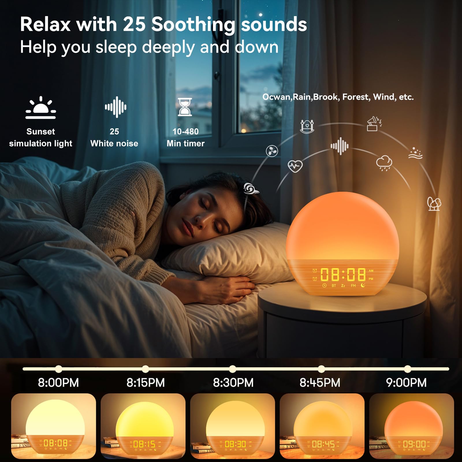 Réveil Simulateur D'aube & Crépuscule,Réveillez- Vous Naturellement,Réveil Lumineux Simulateur D'aube,Radio Eveil Matin Lumière Lampe De 20 Niveaux,7 Sons Naturels Fonction Snooze 18 Couleurs (B#)