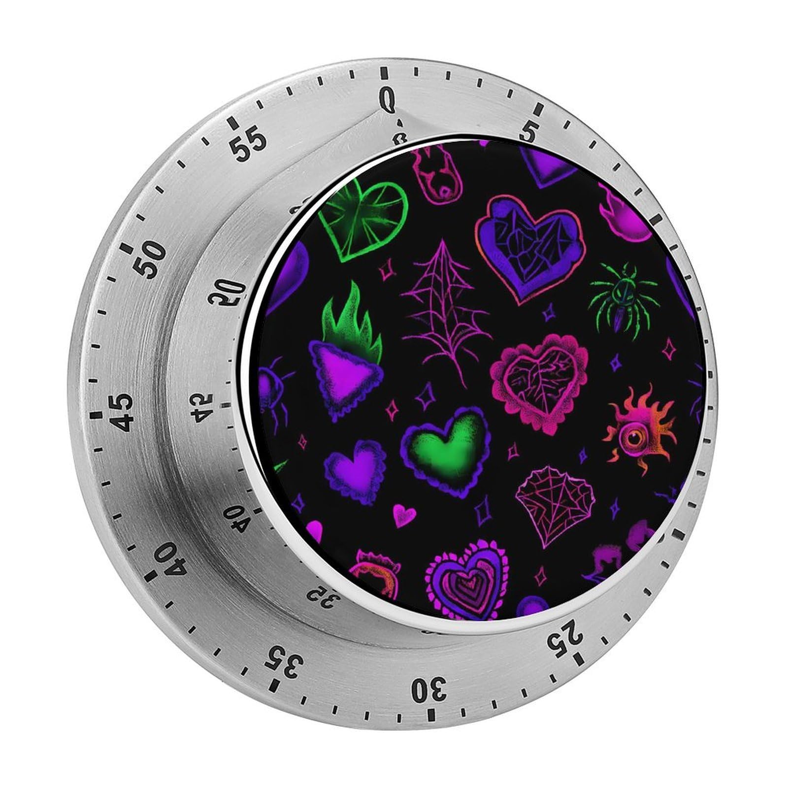 Neon Goth Hearts Flames Pinkpurple Mechanical Timer with Alarm for Kitchen Cooking Productivity Stainless Steel Timers
