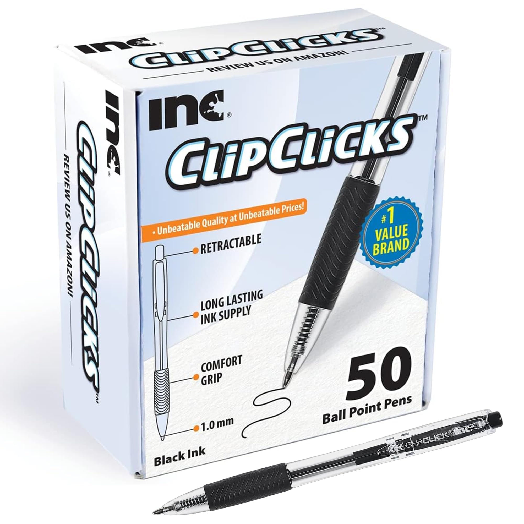 Inc, Clip Clicks, Ballpoint Pens, Stationery, Black, 50 Count