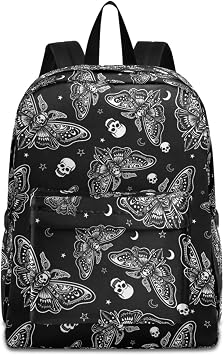 Mnsruu Student Backpack for School Moth Skull Moon Esoteric Laptop Backpack Aesthetic School Bookbags Casual Daypack Backpack Fits 15.6 Inch Laptop
