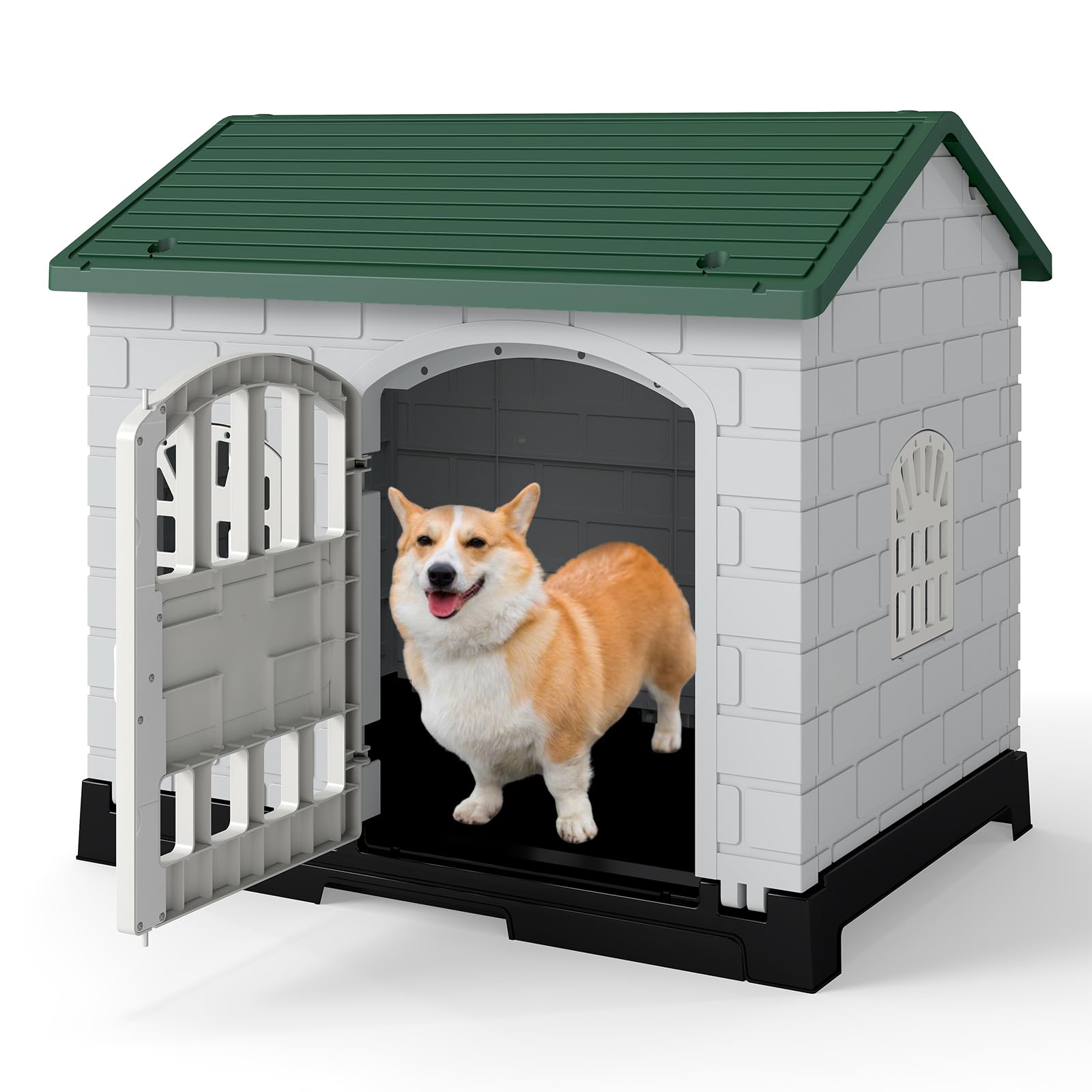 Casa para Perros Plegable de Plástico, Refugio para Mascotas Resistente a la Intemperie con Bandeja de Inodoro, Puerta con Cerradura, Techo Inclinado, Jaula de Interior Exterior para Gatos