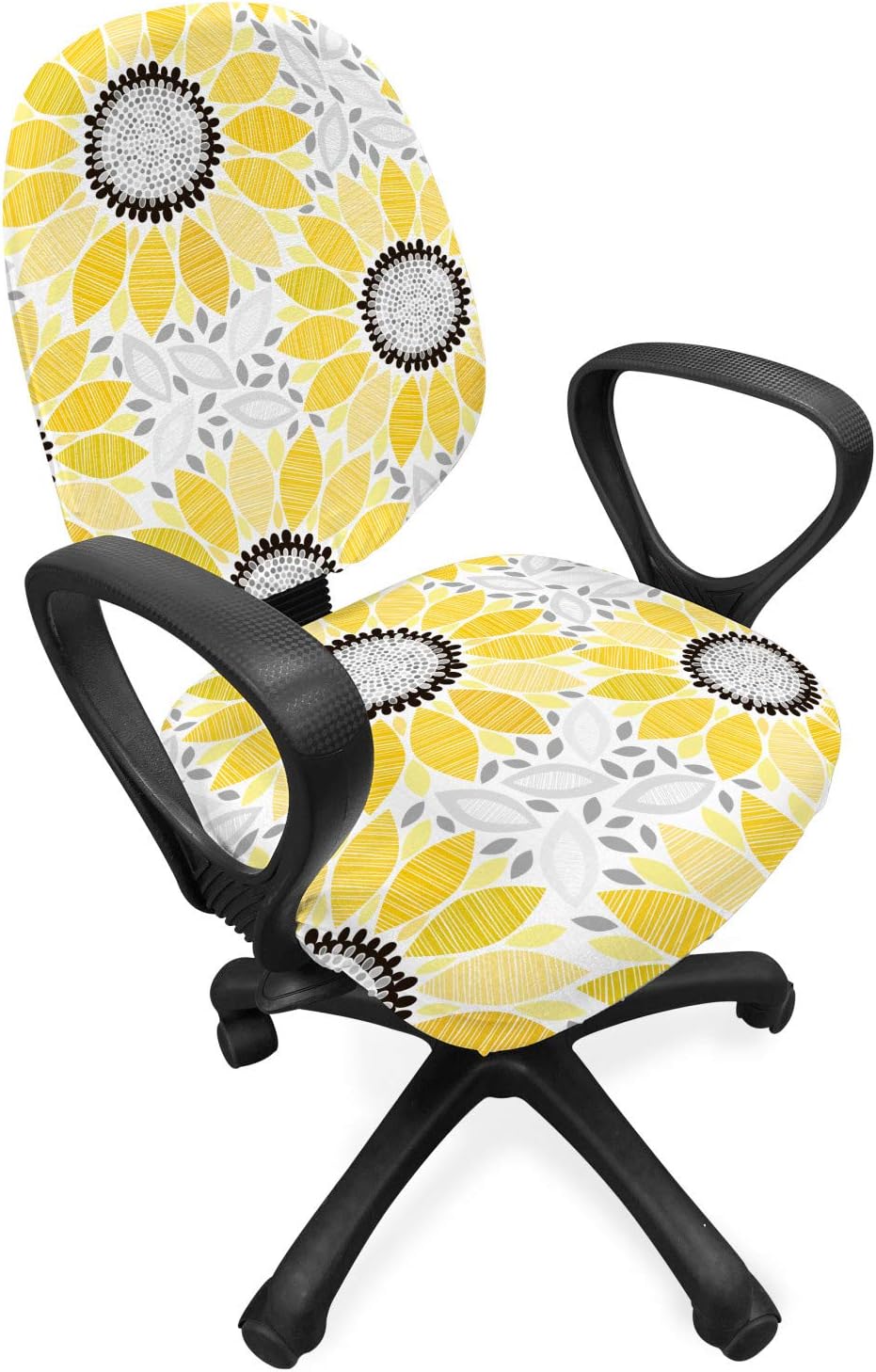 Ambesonne Yellow Office Chair Slipcover, Colorful Illustration of Sun Flower with Motifs and Patterns Summer Nature Artprint, Decorative Stretch and Washable Fabric Cover, Standard Size, Yellow Grey