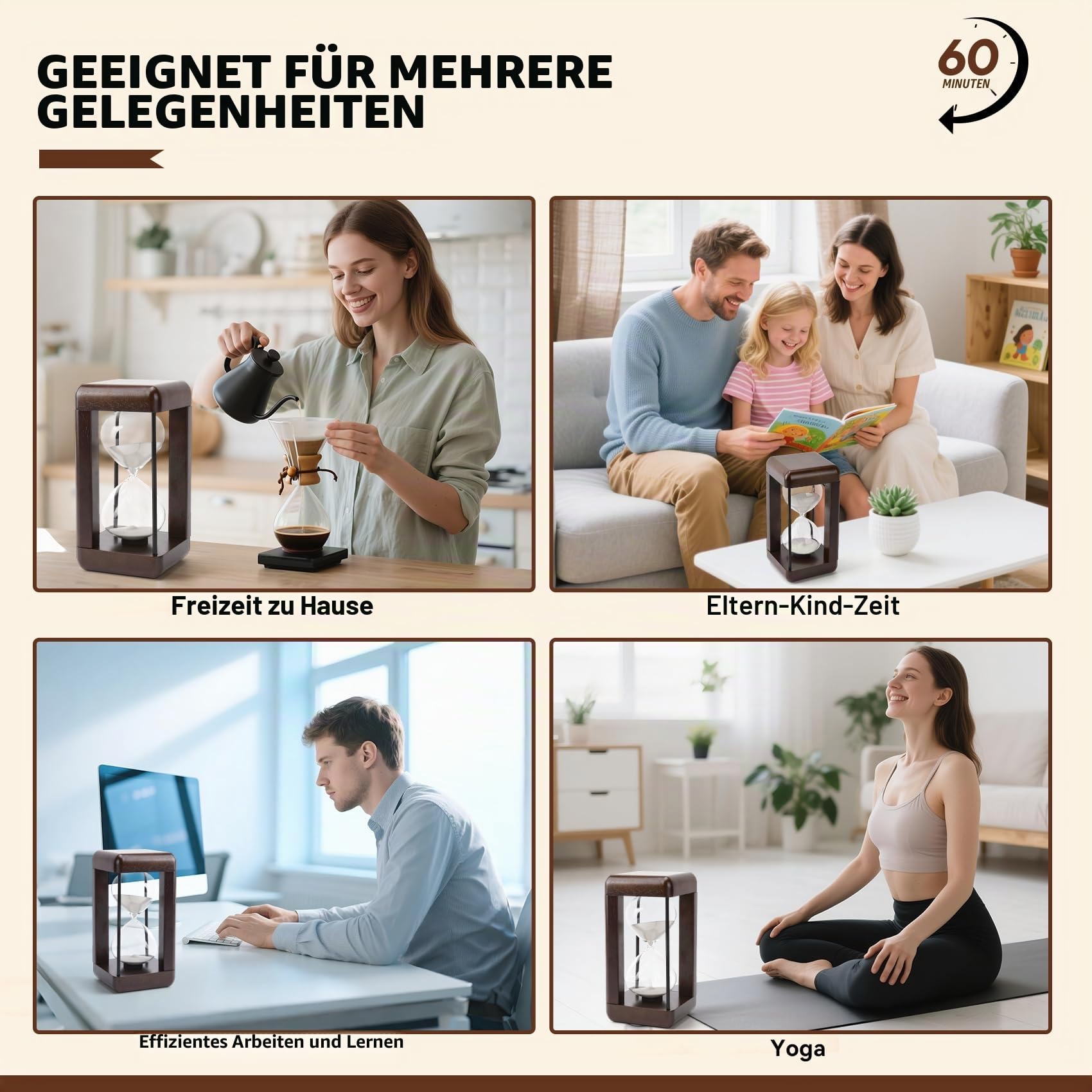 Sanduhr 60 Minuten,Premium Sanduhr aus Walnussholz, Sanduhren Timer, Tischdekoration, geeignet zum Kochen,Zähneputzen,Büro, Hochzeitsdekoration (Weiß)