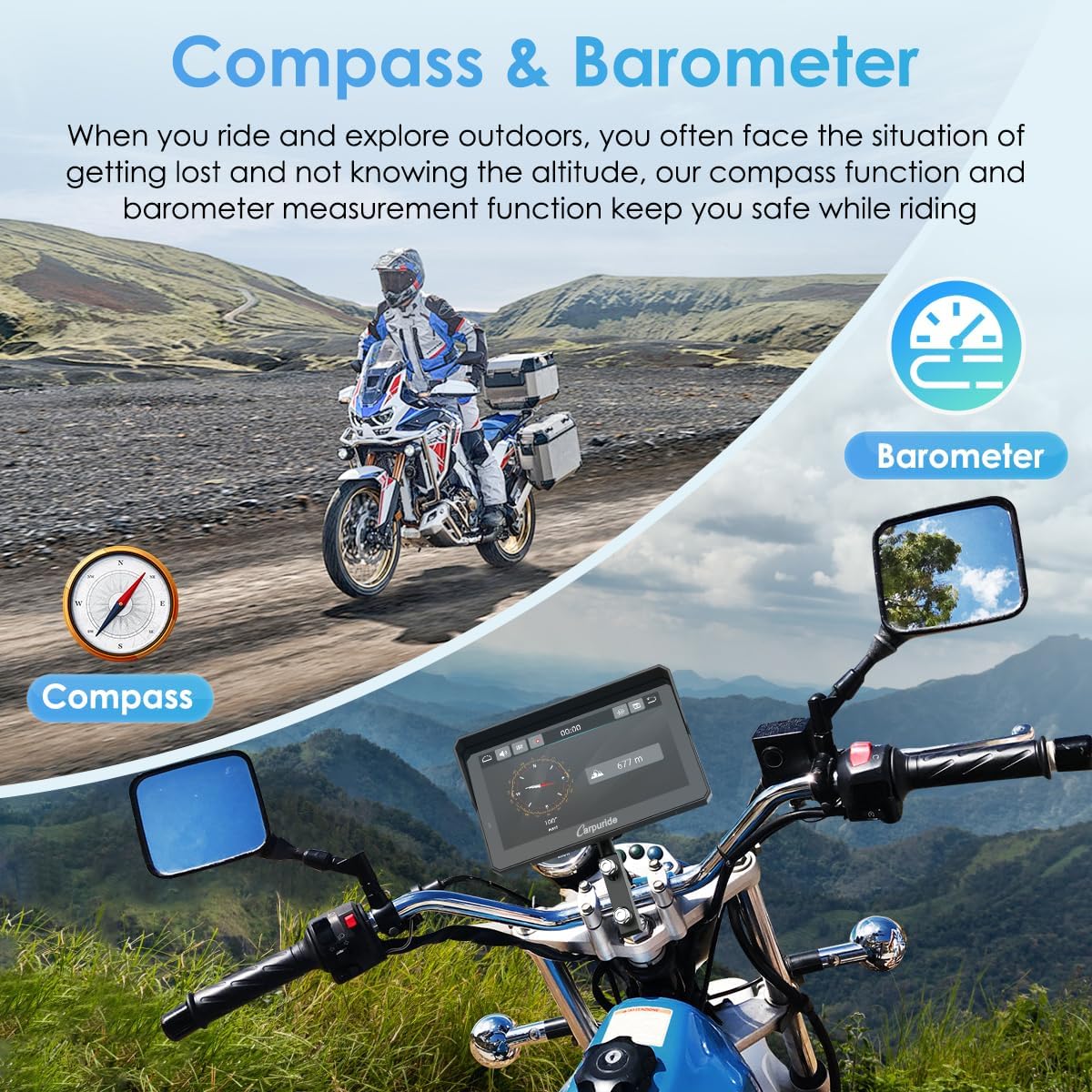 Image showing a motorcycle rider in a mountainous landscape with compass and barometer icons.