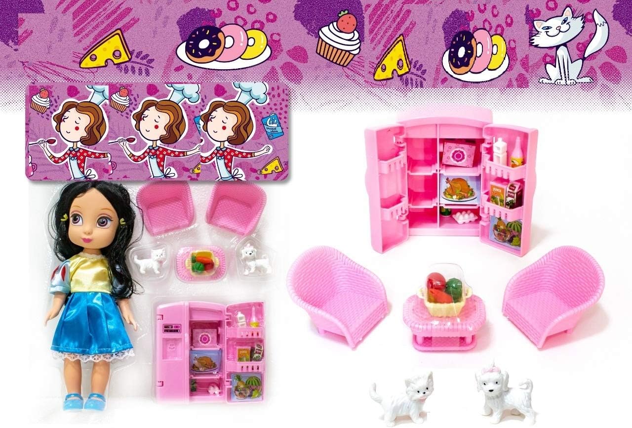 Baby Doll with Tiny Size Furniture Set Toys for Girls with Openable Double Door Toy Fridge with Other Accessories | Cute Toy Doll Set for Girls | Birthday Gift | Doll Set (Keiko's Kitchen)