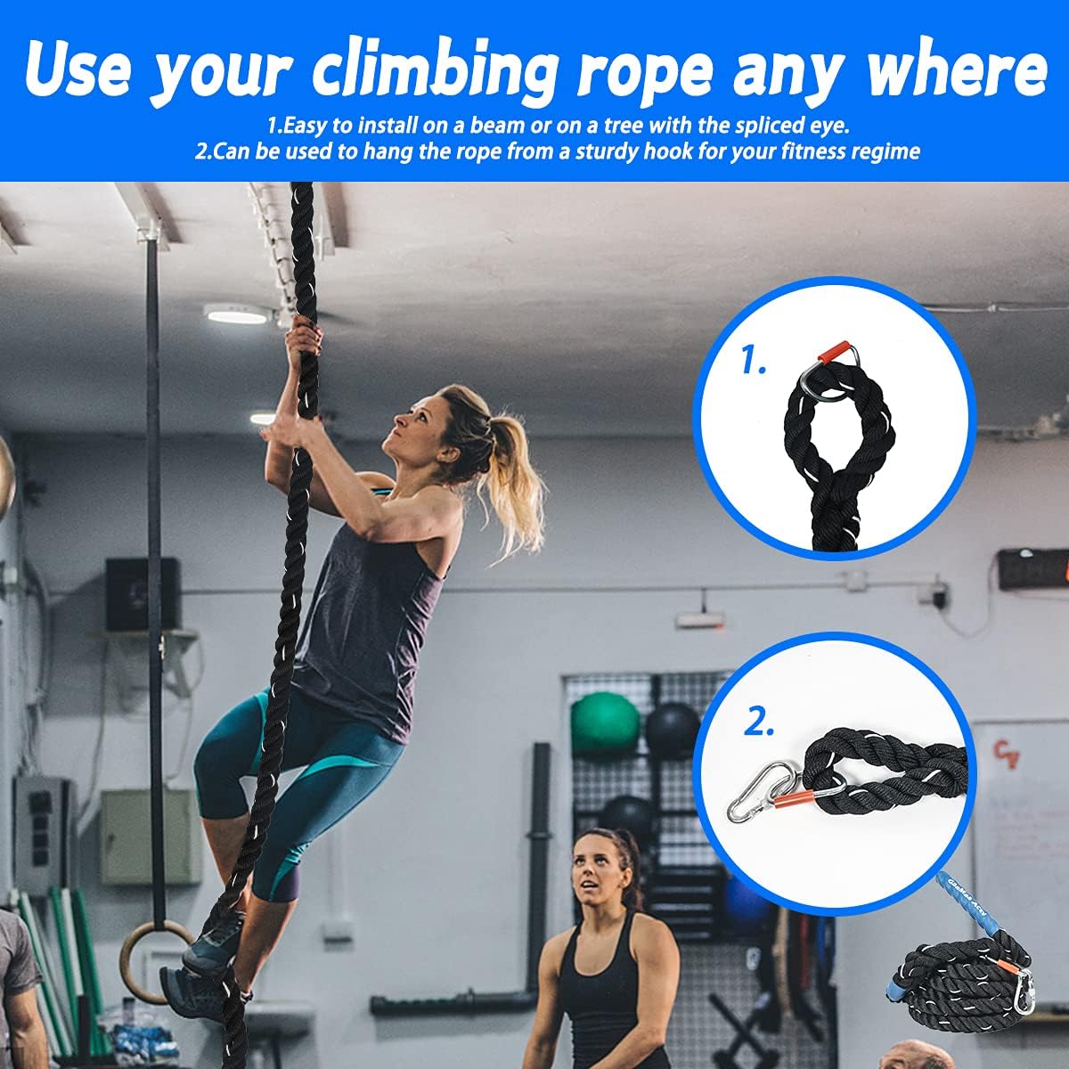 GaaMaa Actv Gym Climbing Rope for Fitness with Metal Carabiner -1.5 Inch Diameter Battle Rope for Training- Battle Rope for Kids Play Ground - Workout Fitness Rope with Gloves and Bag (20 Feet) : Sports & Outdoors