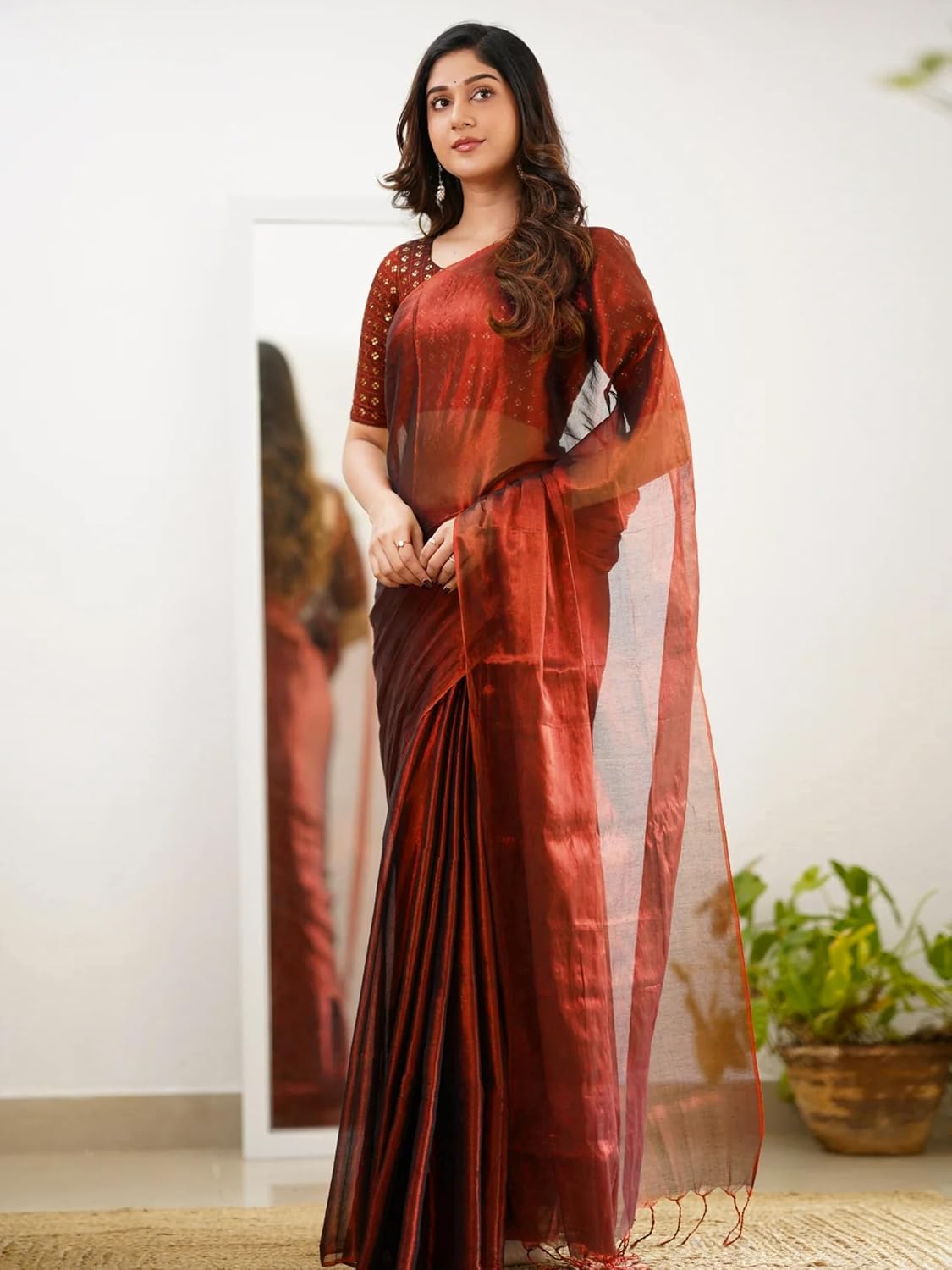 TRENDMALLS Women's Tissue Cotton Handloom Saree with Unstitched Blouse Piece (K1252-Red)