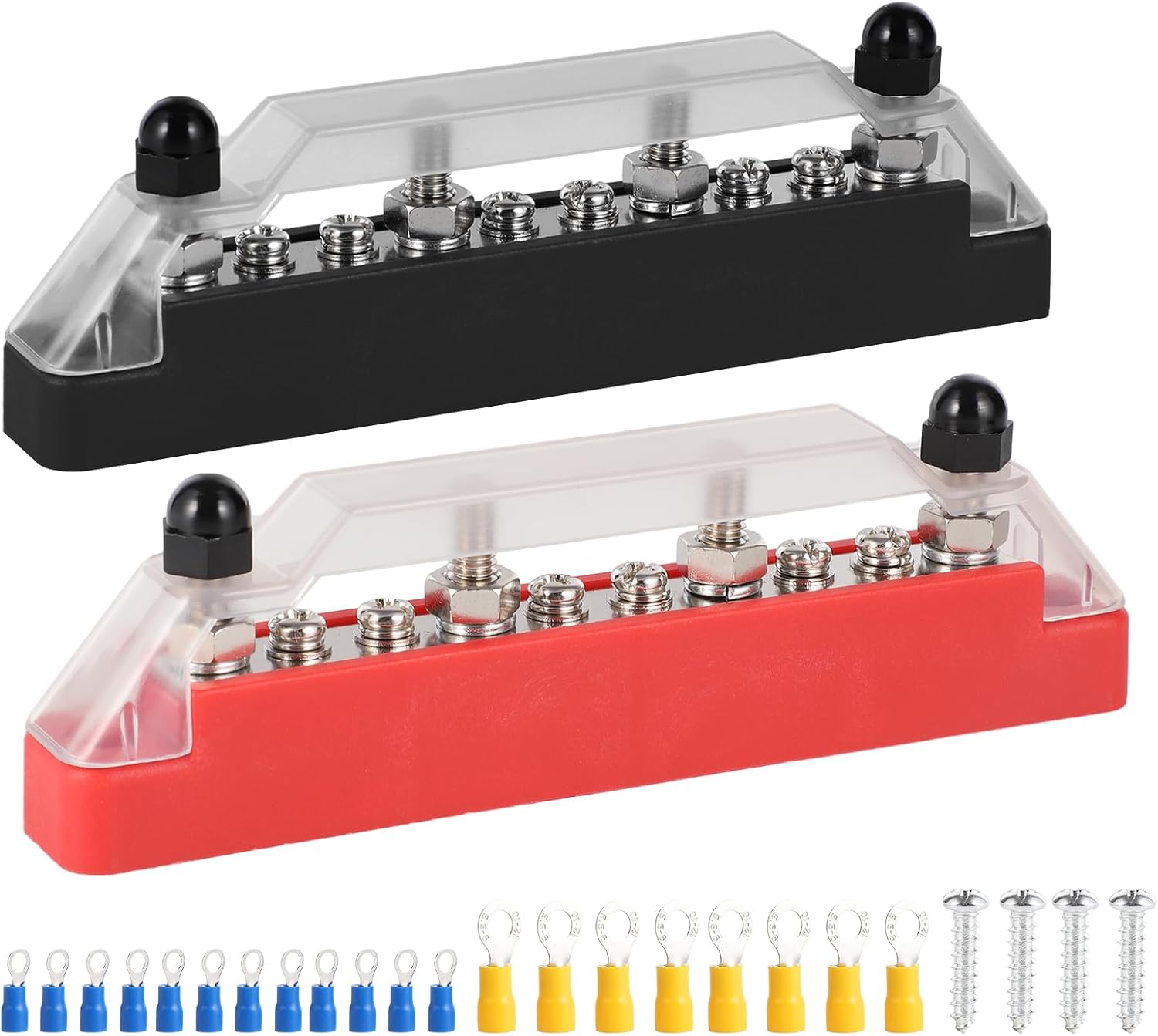 1pcs Red and 1pcs Black Busbar with 2pcs 1/4 (M6) Bolts and 8pcs M4 Wiring Screws for Trailers, RVs, Motorcycles