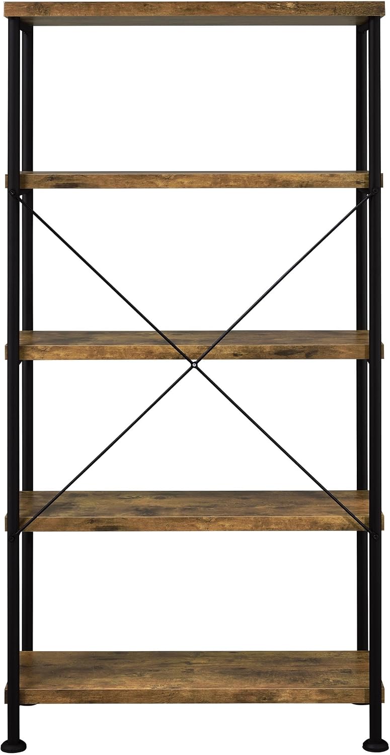 Pemberly Row 4 Shelf Wood and Metal Bookcase, Antique Nutmeg Finish, 63 in H x 31.5 in W x 14.25 in D, Vertical Bookshelves, Sturdy Storage for Home or Office Use