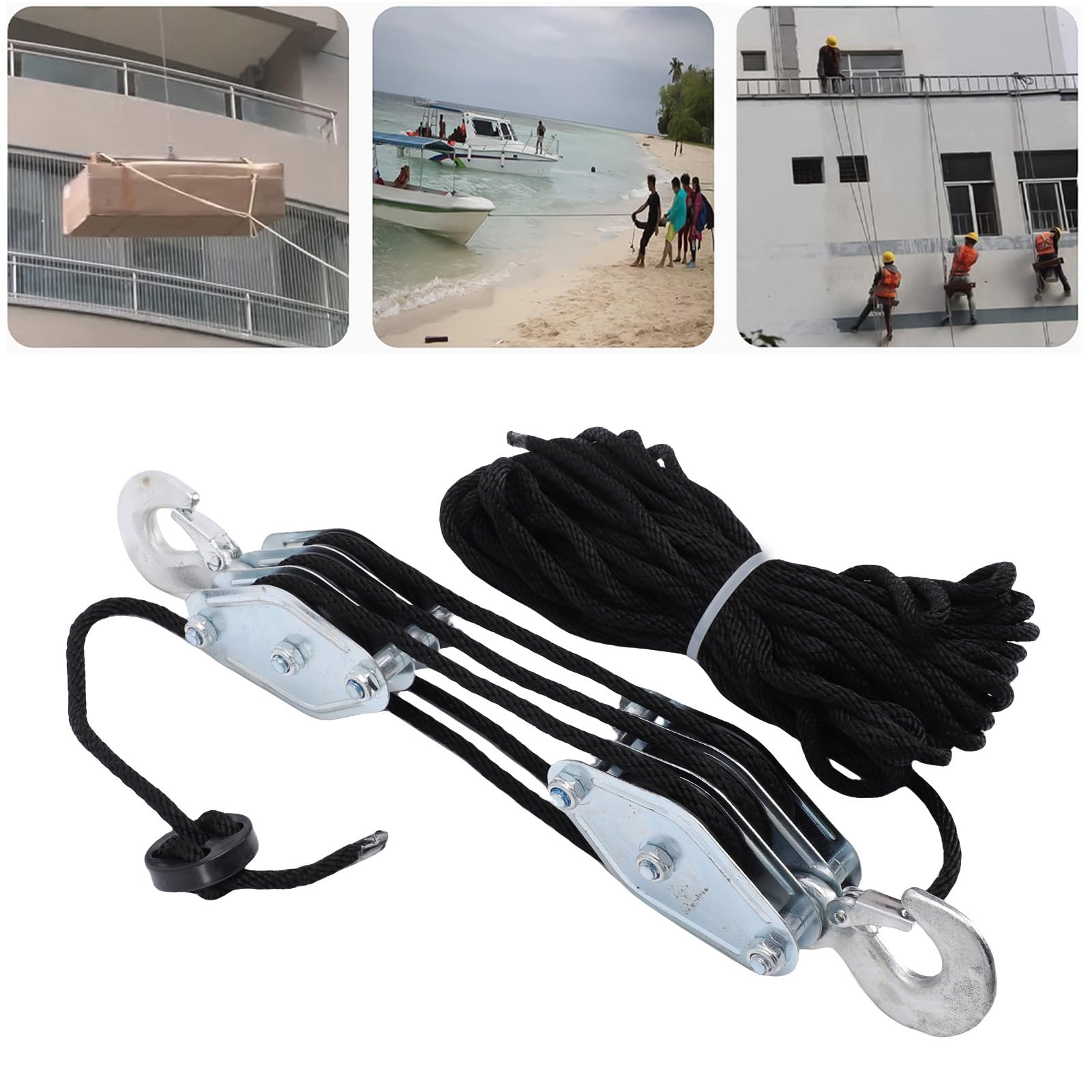 Fafeicy de Polea de Polipasto de Cuerda, 3 Ruedas, Cuerda de 15 M, Resistencia a la Rotura de 2200 Libras, Bloque Eléctrico de Elevación 6:1 y Aparejos para Elevación de Garaje,