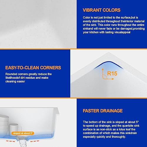 Miniatura 5 de Dcolora Fregadero de barra húmeda de montaje inferior de 22 pulgadas fregadero de cocina moderno de granito blanco compuesto de preparación profunda