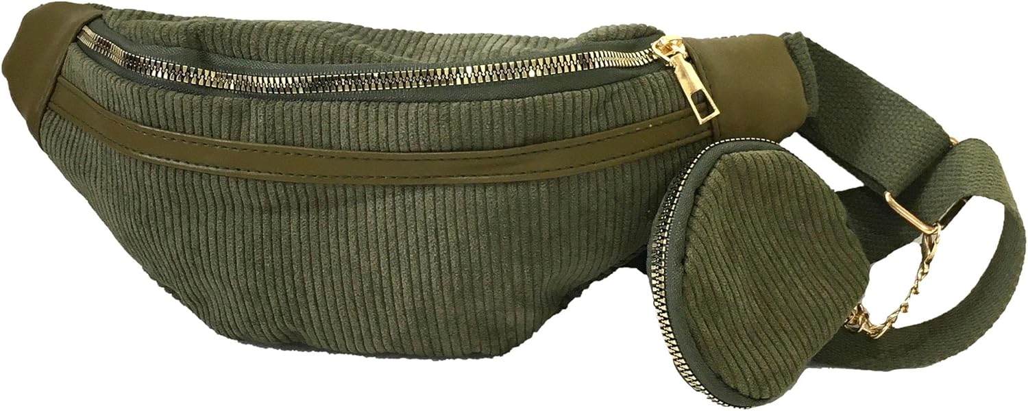 Stylish Olive Green Corduroy Belt Bag: Detachable Coin Pouch Fanny Pack, Trendy Hip & Waist Bag for Women
