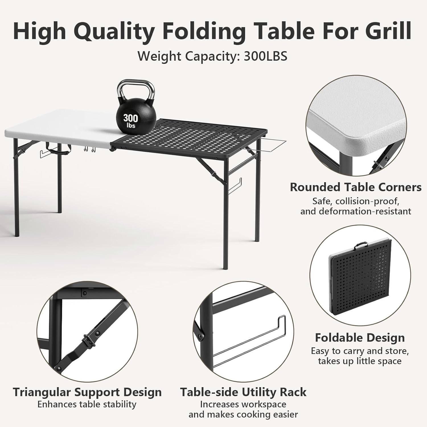 5ft Folding Table for Picnic Camping, Portable Outdoor Table with Metal Grid Grilling Surface, Heavy Duty Foldable Table for Cook Prep,Suitable for Camping, Backyard, Patio and Beach
