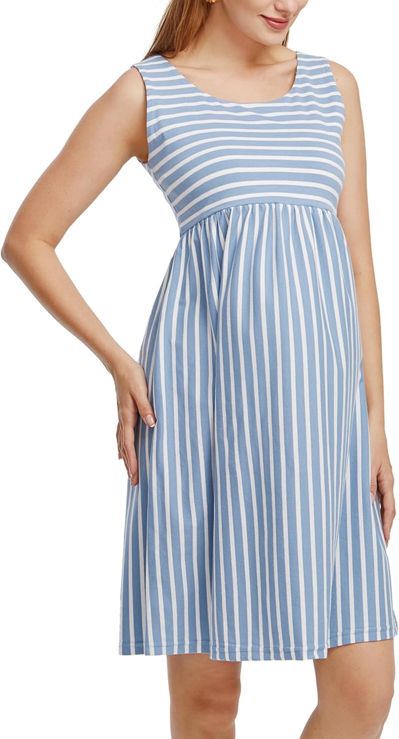 Ecavus Womens Maternity Tank Dress Stripe Color Block Sleeveless Knee Length for Baby Shower - Image 4