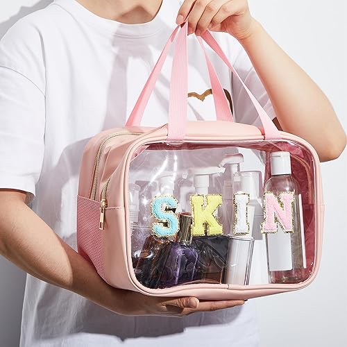 Miniatura 5 de Geetery Bolsa de maquillaje con parche de letras de felpilla con asa práctica, organizador de cosméticos de nailon preppy con cremallera, bolsa de