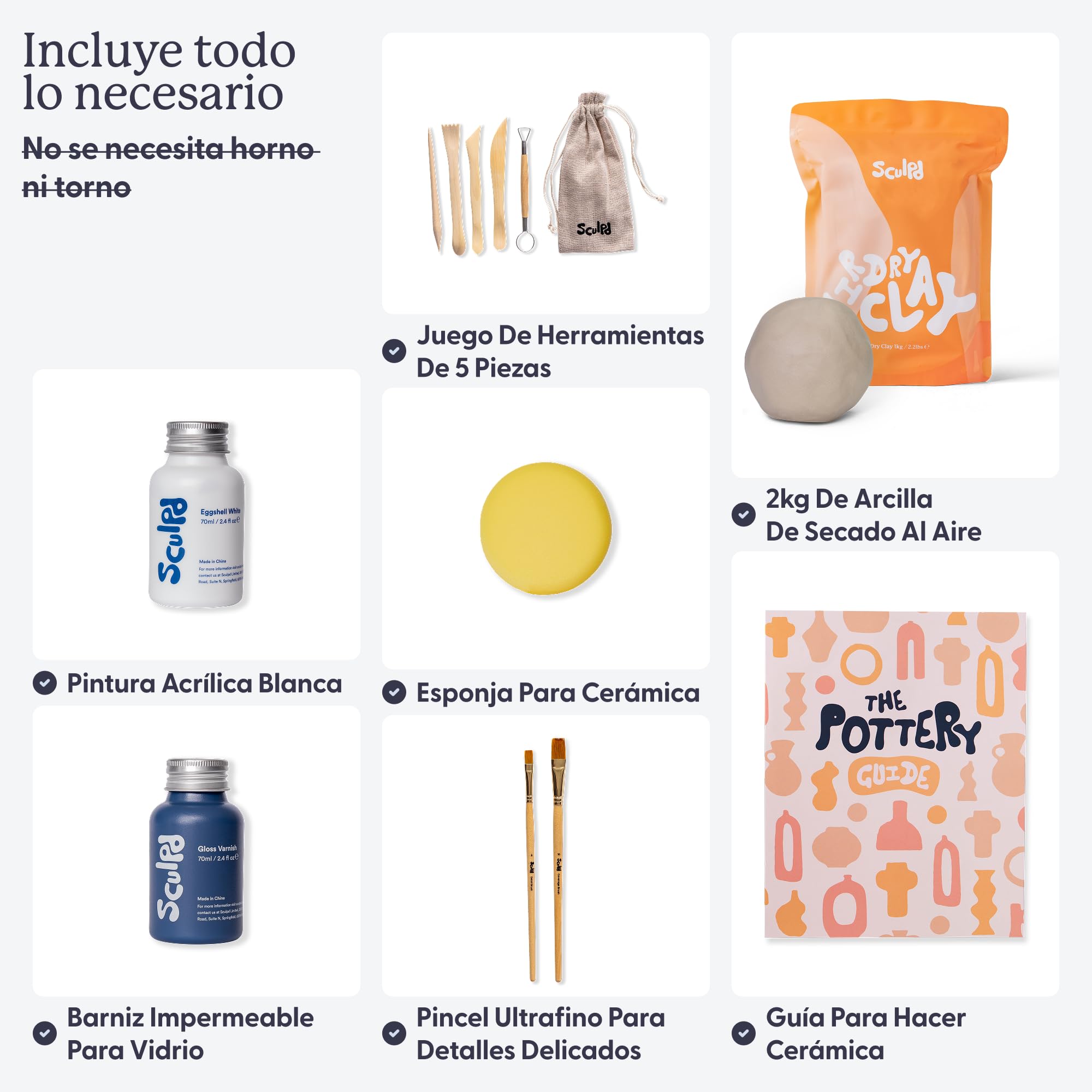 Sculpd Kit de alfarería para principiantes, arcilla de secado al aire, con barniz brillante, pintura, set de herramientas, pinceles, esponja e instrucciones paso a paso (idioma español no garantizado)