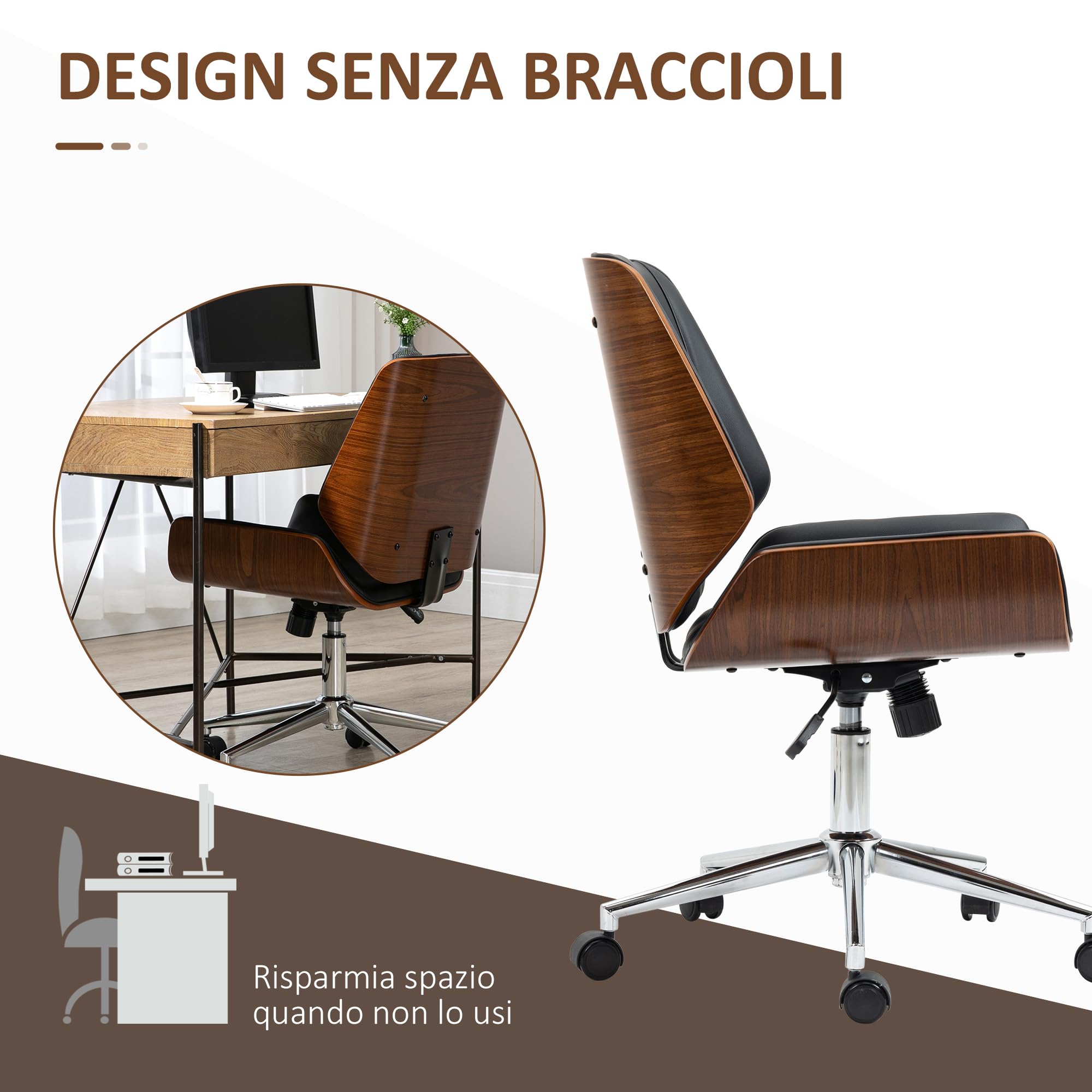 Vinsetto Sedia da Ufficio Senza Braccioli Vintage Nero e Marrone Scuro | Ruote Girevoli, Schienale e Seduta Curva, Sedia da Scrivania Studio, Inclinabile, Altezza Regolabile, in Pelle PU e Legno