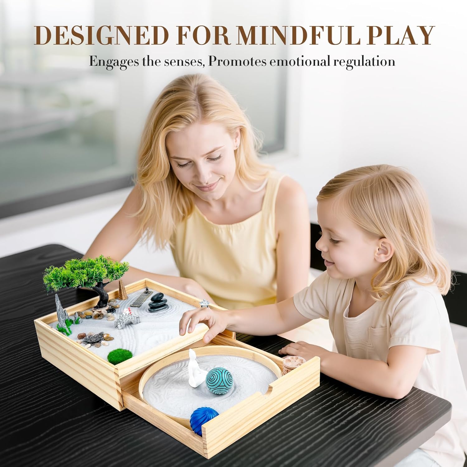 Japanese Zen Garden Kit for Desk,Two-in-One Mini Zen Garden with Incense,26PCS Sand Tray Therapy Kit with 3 Stamp Spheres,Japanese Decor for Home&Office Desk and Meditation Therapy