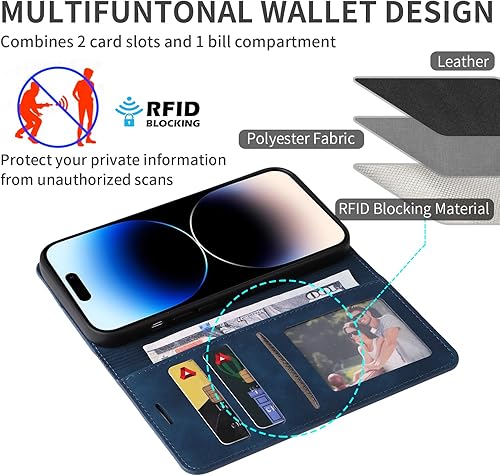 Miniatura 2 de ZZXX Funda tipo cartera para iPhone 14 Pro con bloqueo RFID, ranura para tarjetas, función atril, magnética, de piel suave, para iPhone 14 Pro