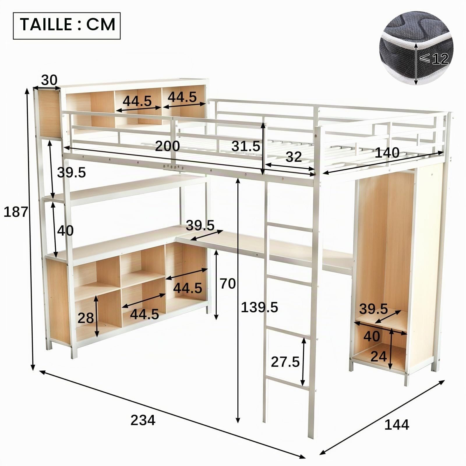Sweiko Lit Mezzanine 140 x 200 cm avec Armoire, Cadre de Lit Métal avec Bureau et étagère, Matelas Non Compris (White, 140cm*200cm)