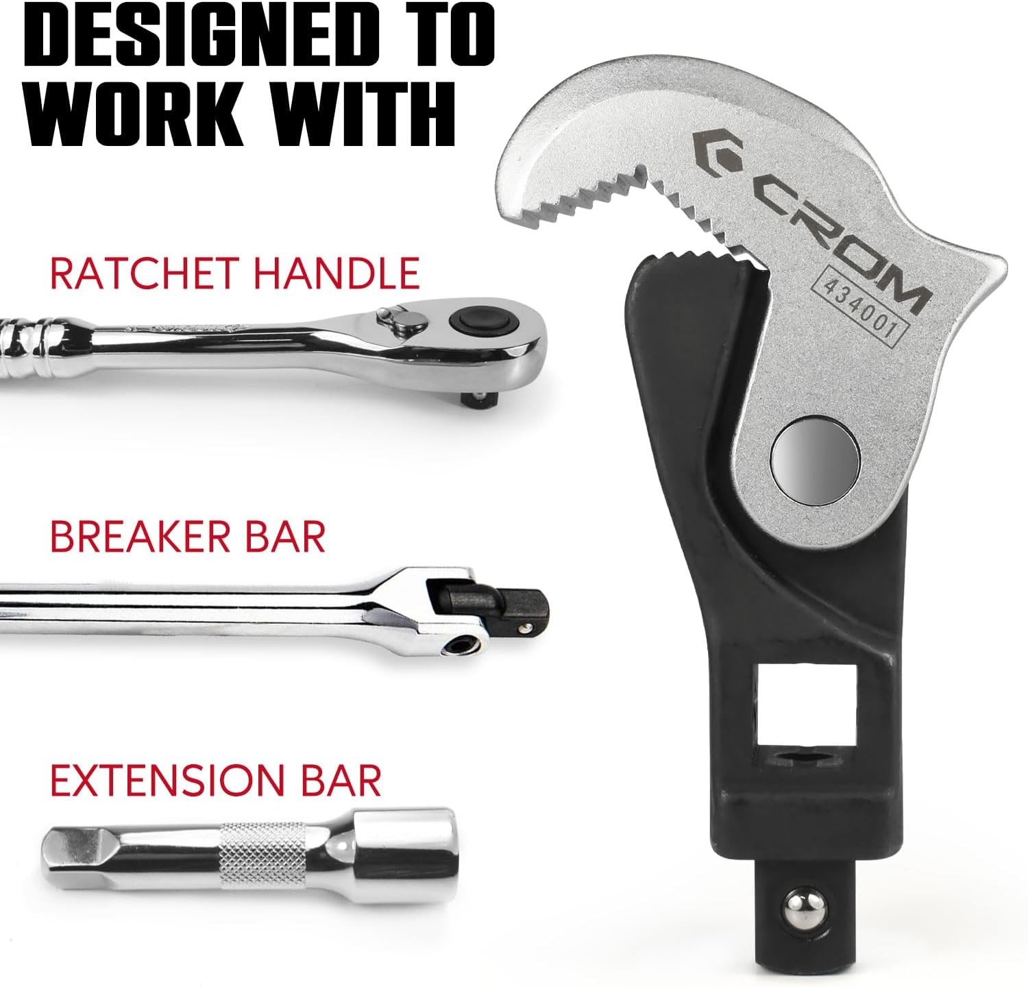 CROM Adjustable Crowfoot Wrench Set - Spring Loaded Wrench – Male & Female Square Drives Work With Ratchet, Breaker Bar, Extension Bar (3 Piece Set (1/4", 3/8", 1/2"))