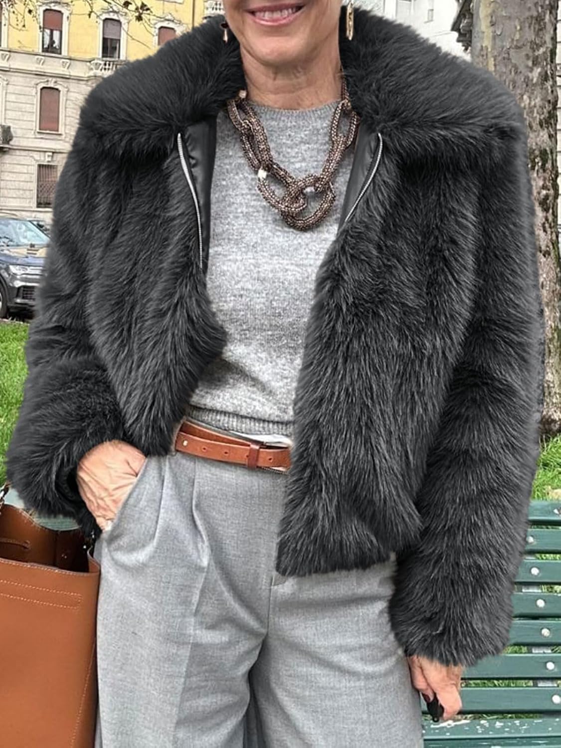 Tankaneo Womens Cropped Faux Fur Jacket Shaggy Lapel Zip Up Winter Coats Fuzzy Warm Outerwear - Image 3