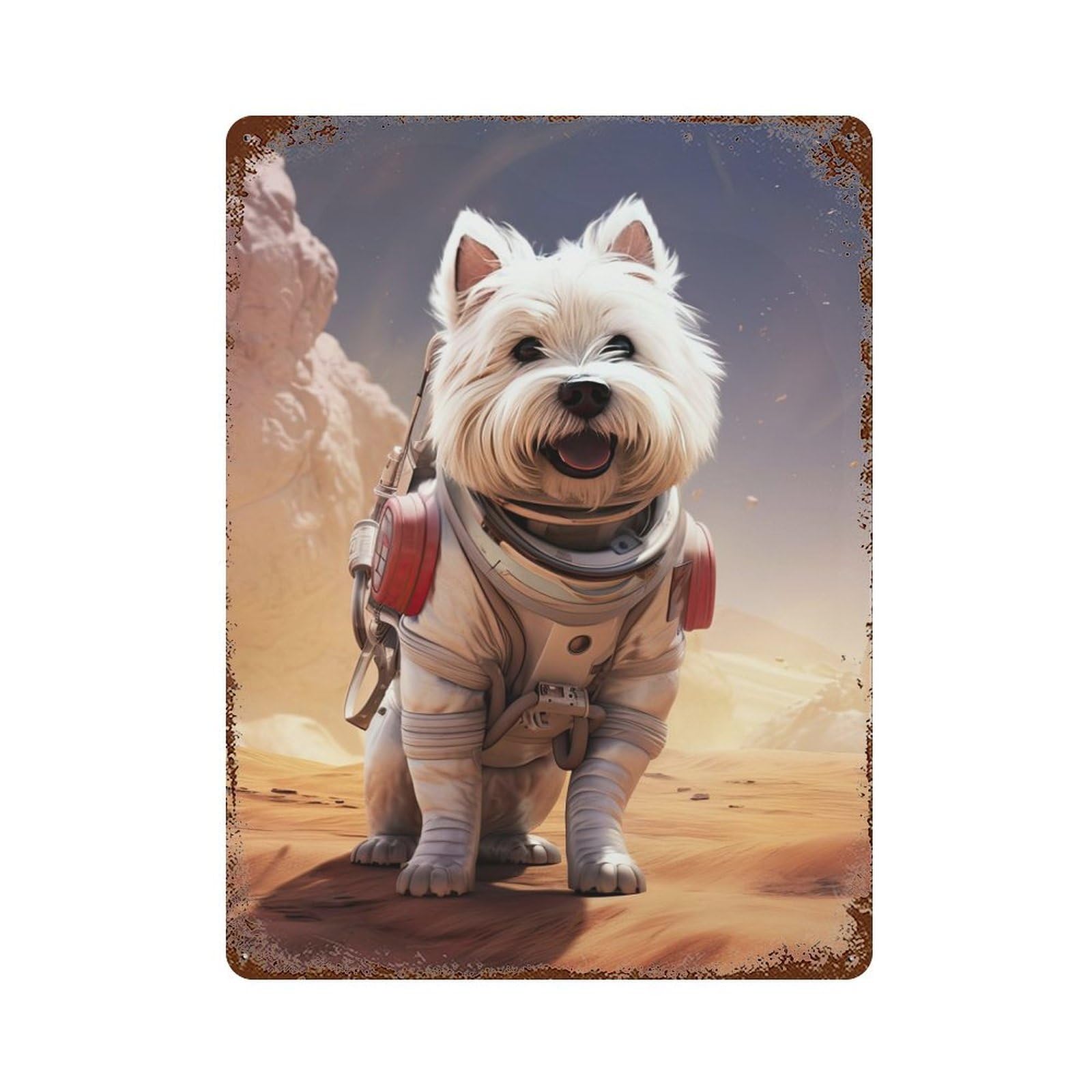 Vintage Rust Metal Sign with Westie Mars Design 15.7"x11.8", for Garage, Bar And Workshop Decor, Retro Wall Decor