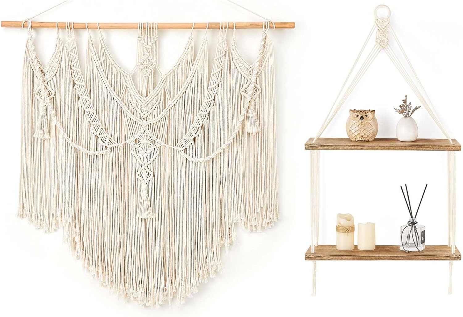 Mkono Macrame Wall Hanging Boho Home Decor and Macrame Hanging Shelf 2 Tier Handmade Cotton Rope Rustic Wood Floating Shelves