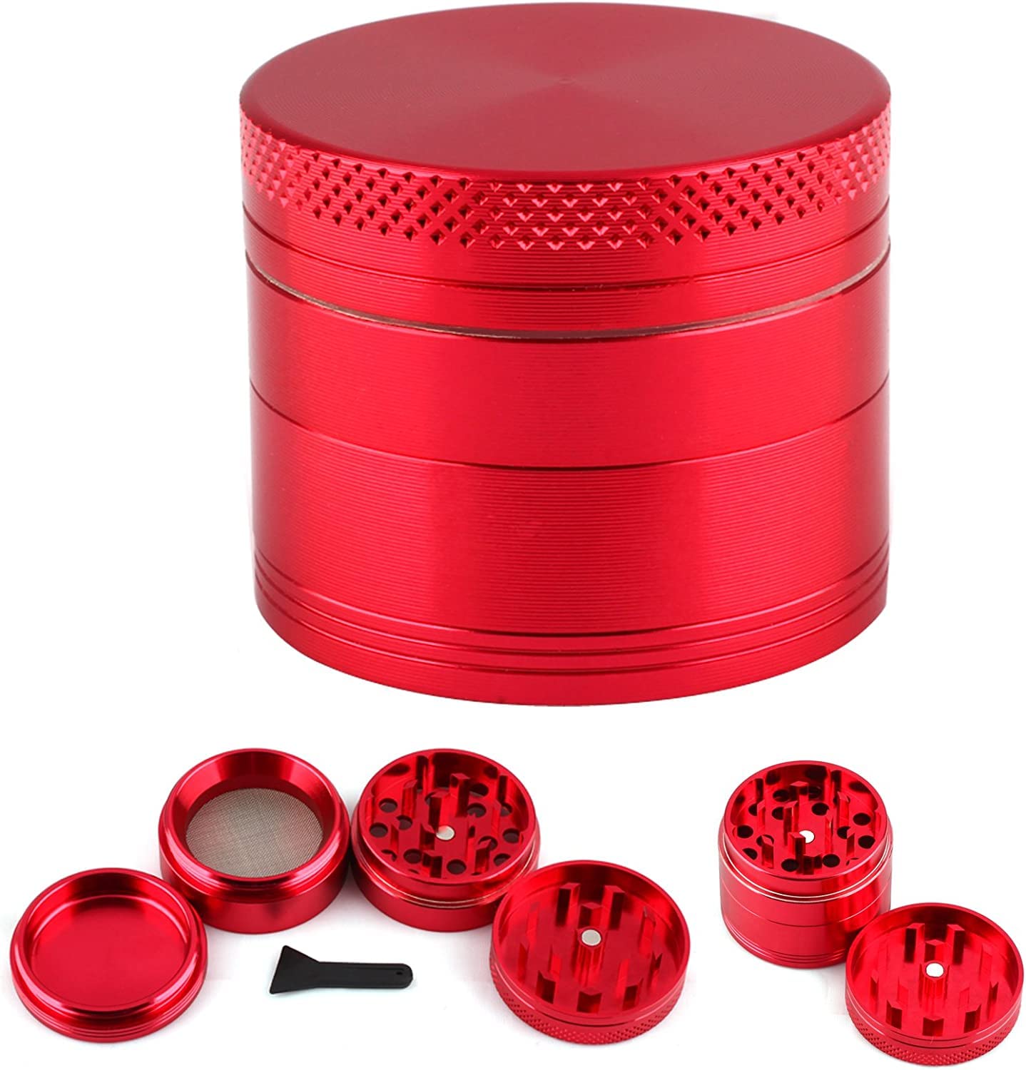 Metal Herb Grinders | Four Part RED Coloured Spice Grinder for Dry, Dried Herbs & Tobacco (40mm / 1.5") NEW 2023 DESIGN | Magnetic Storage and Plastic Scraper Tool | Fine Filter Screen
