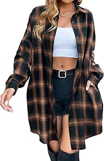 Women's Button Down Flannel Shirts Plaid Shacket Long Sleeve Collared Lo...