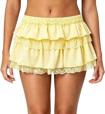 Women Ruffle Bloomer Skort Lace Trim Layered Mini Shorts Skirt